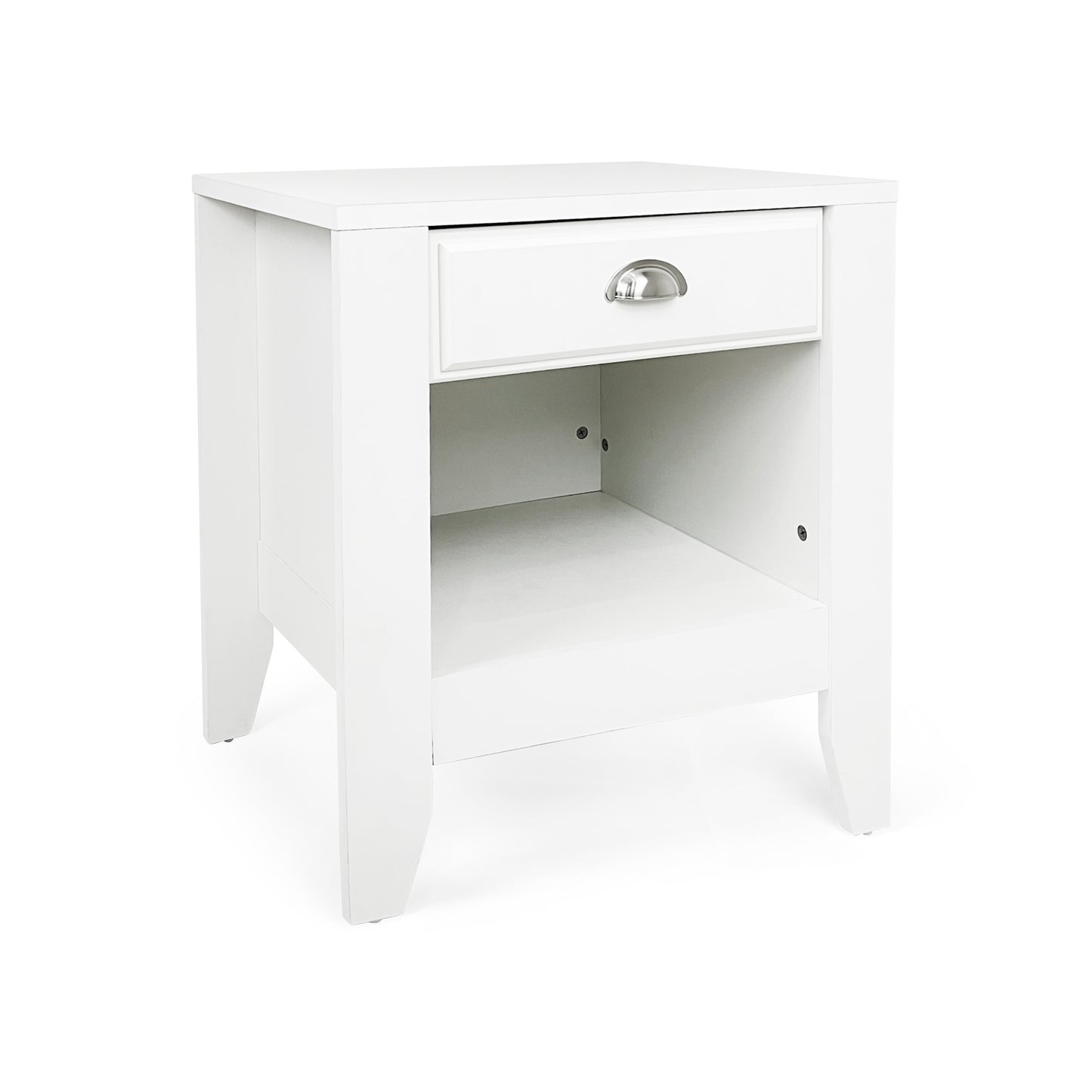 White wooden bedside table with a single drawer and open shelf