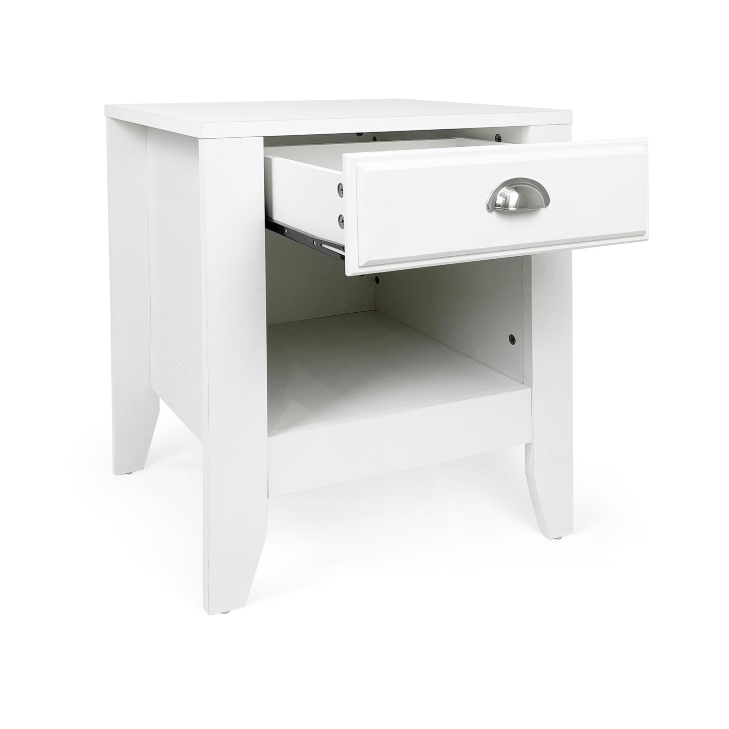 White modern nightstand with open drawer and silver cup pull