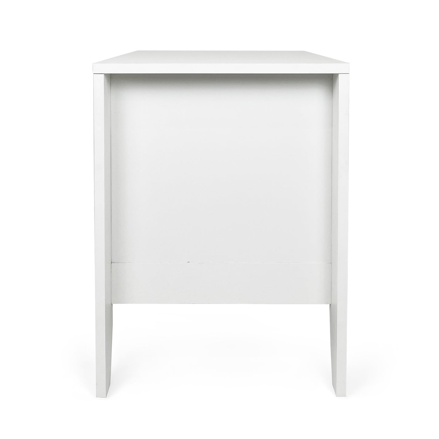 Minimalist white bedside table with clean lines and open storage shelf
