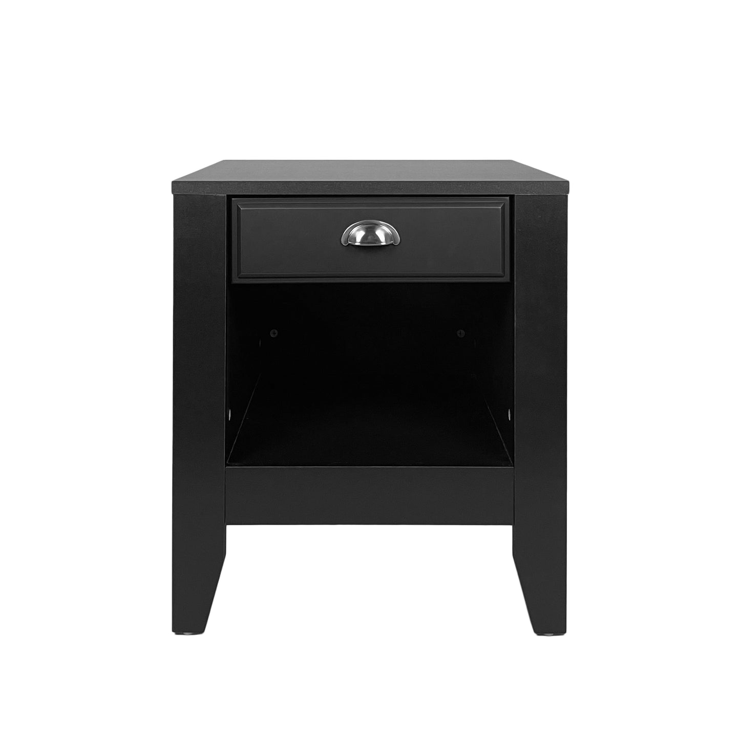 Classic black bedside table with drawer and open shelf