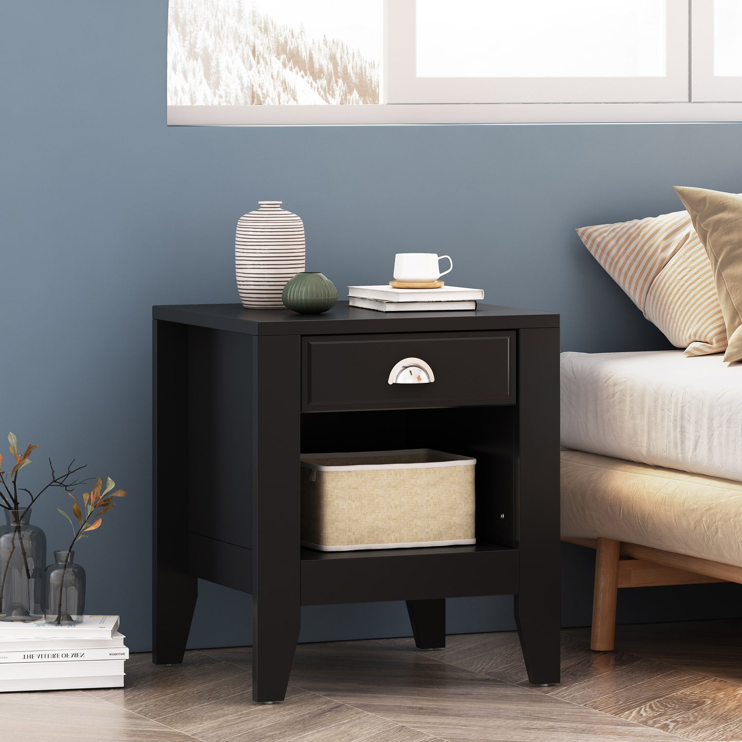 Black modern nightstand with one drawer and an open shelf