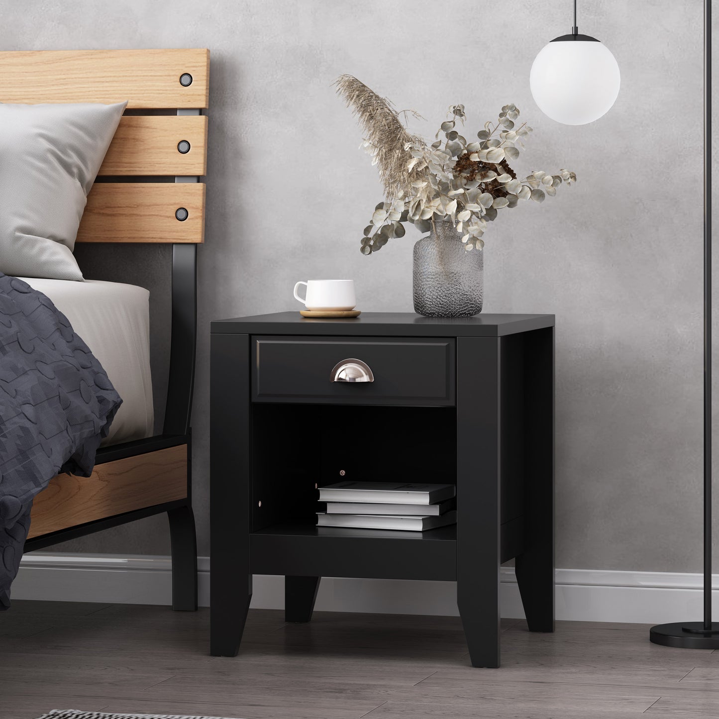 Black wooden nightstand with drawer and open shelf