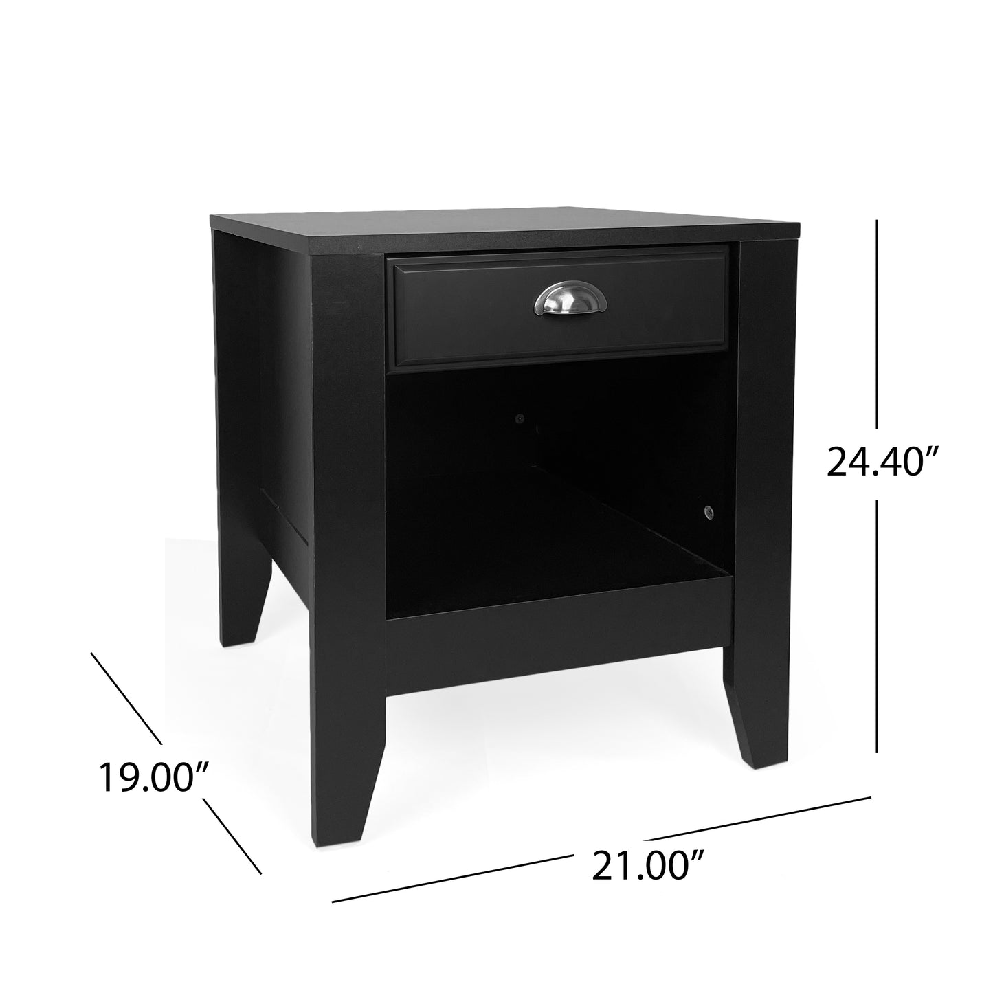 Black wooden nightstand with one drawer and open shelf