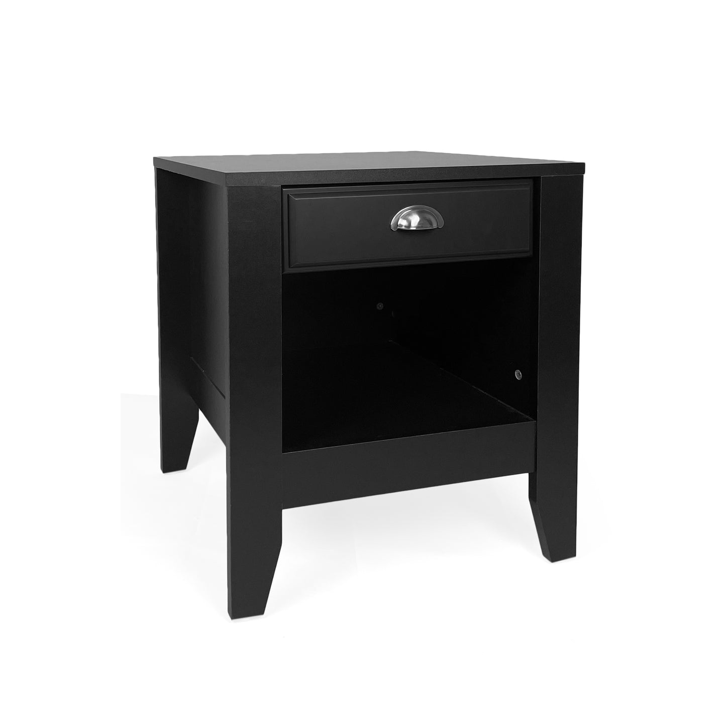 Black modern nightstand with one drawer and open shelf