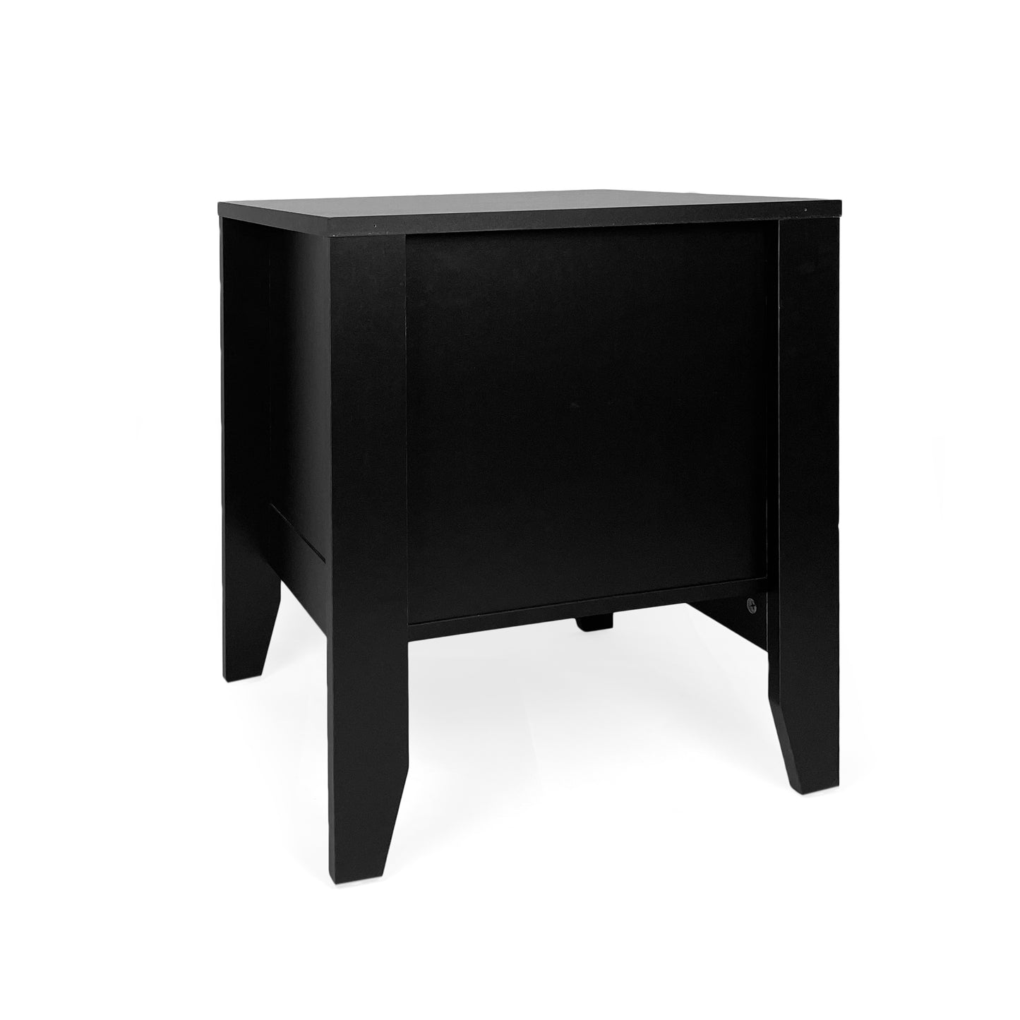 Sleek black wooden bedside table with tapered legs