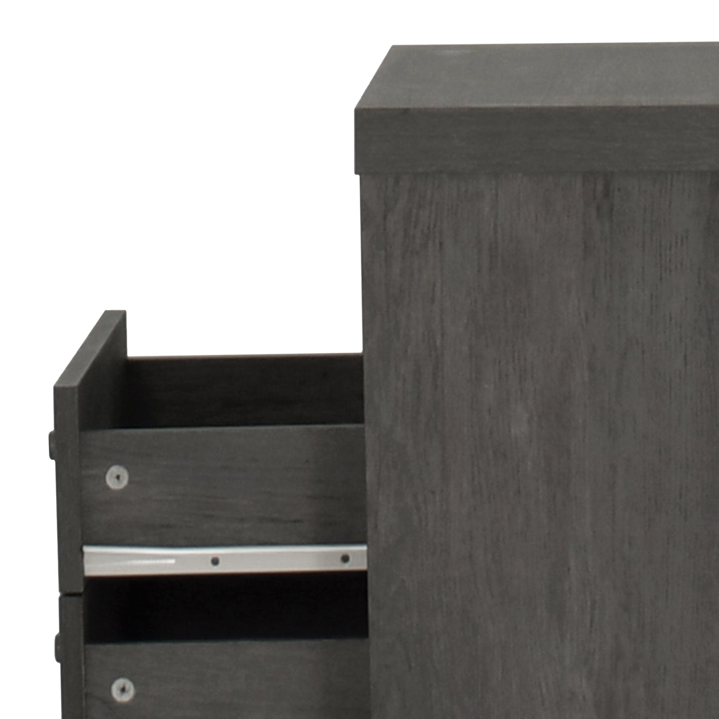 Dark gray wood bedside table with one drawer pulled out