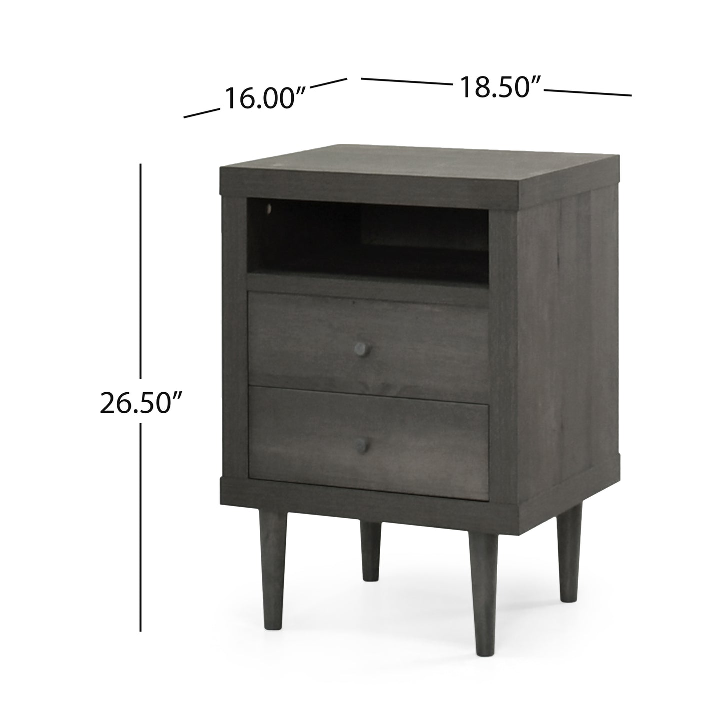 Dark gray wooden nightstand with two drawers and an open shelf
