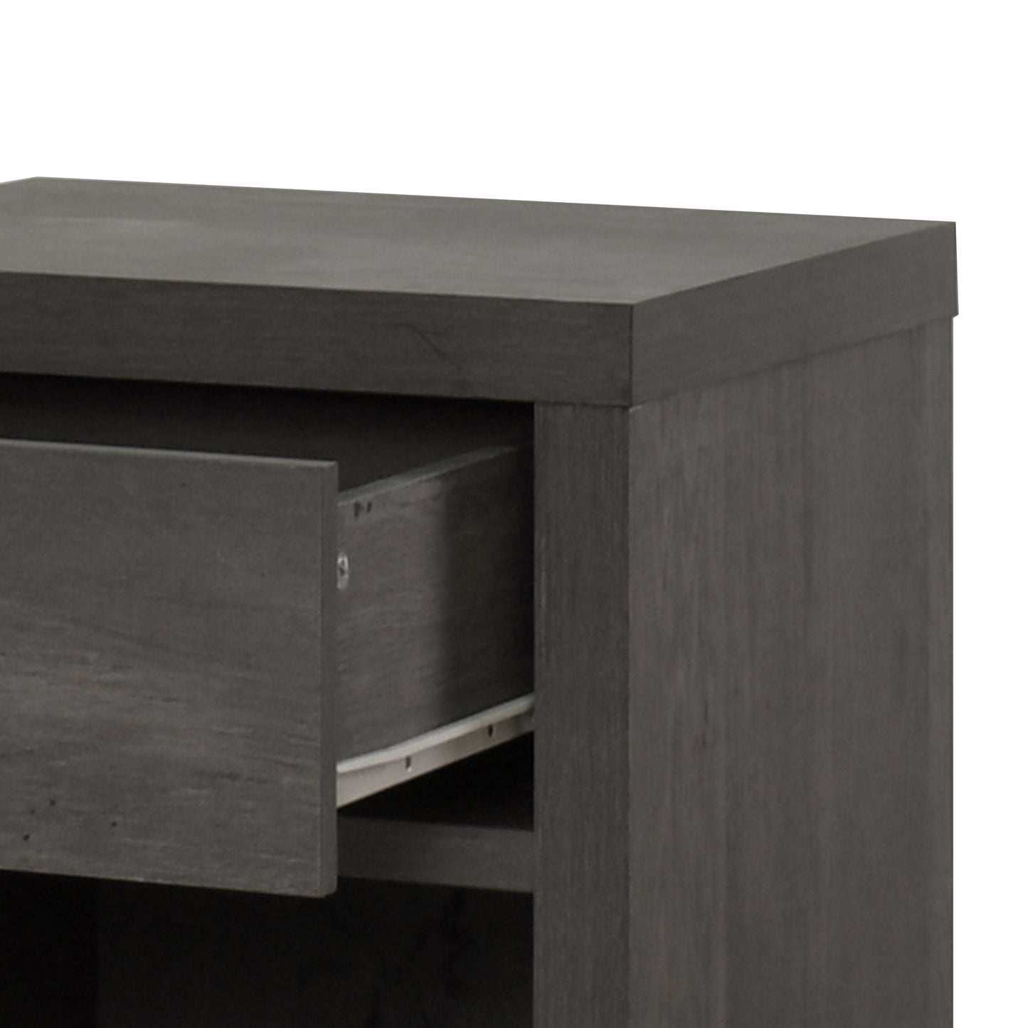 Dark gray wood bedside table with one open drawer and metal slides