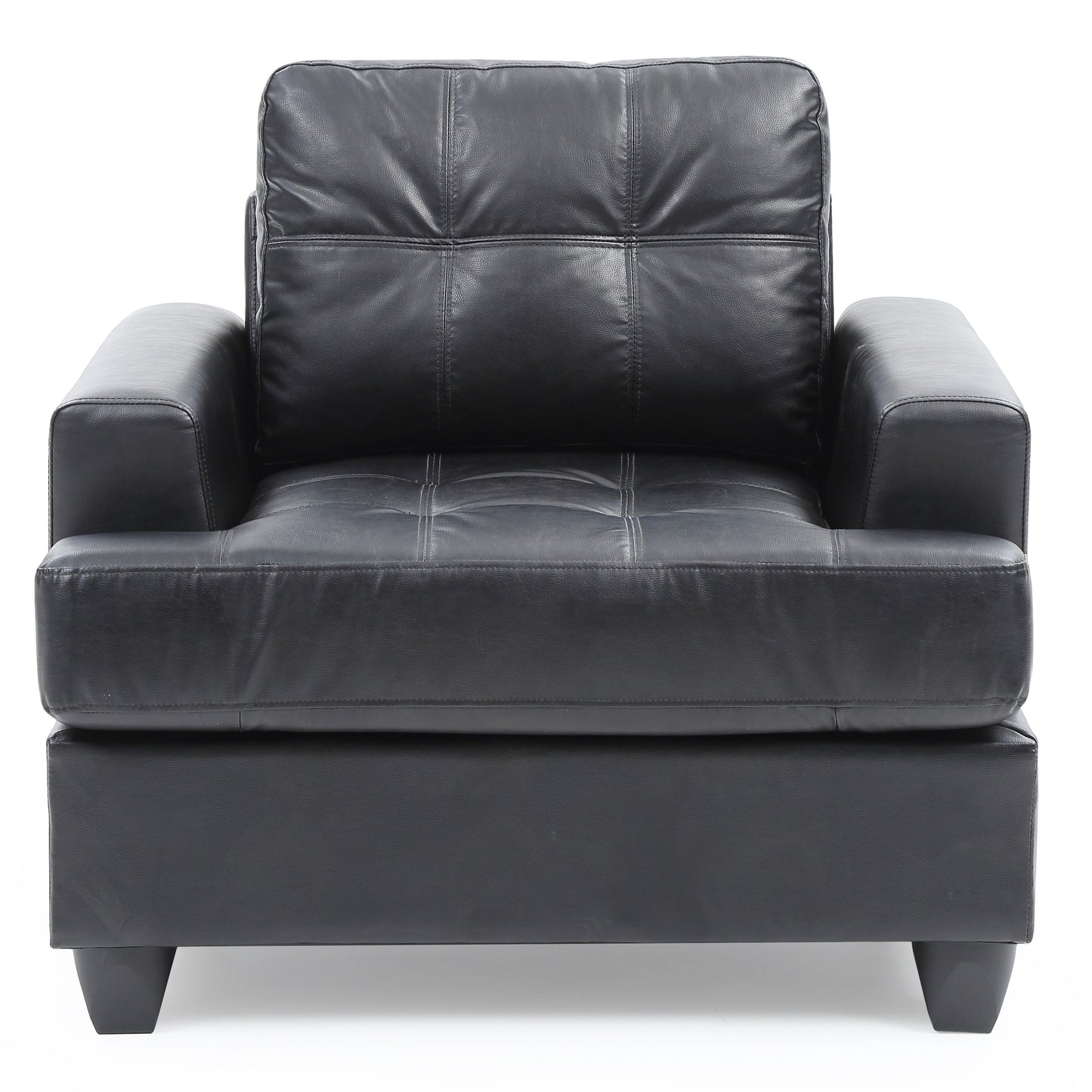 Black leather armchair with tufted seat and back cushions modern living room furniture