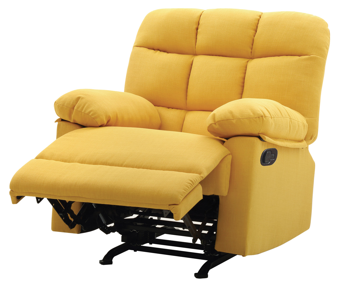 Bright yellow recliner chair with plush cushioning and extended footrest