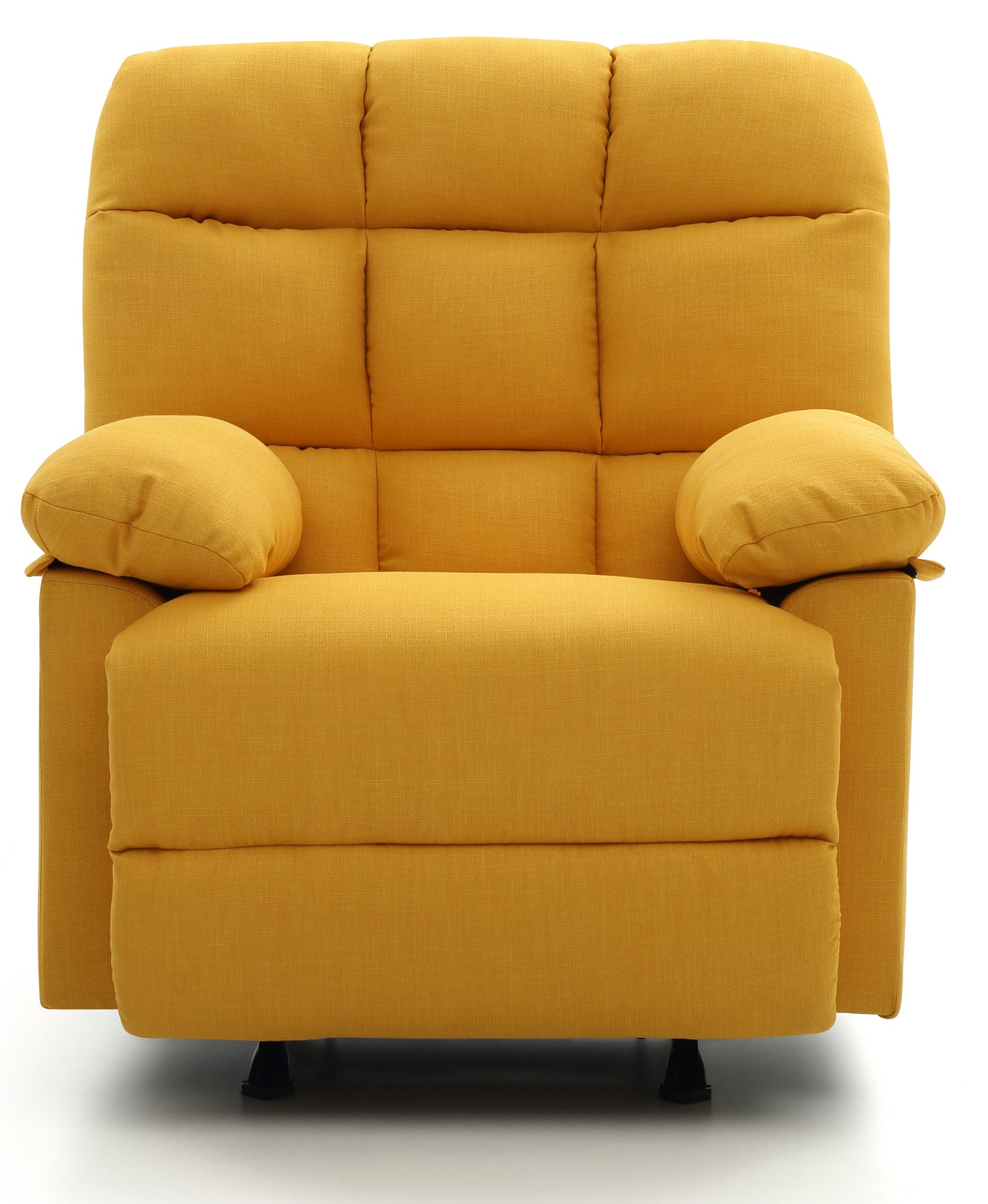 Comfortable mustard yellow fabric recliner chair with plush cushioning and wide armrests