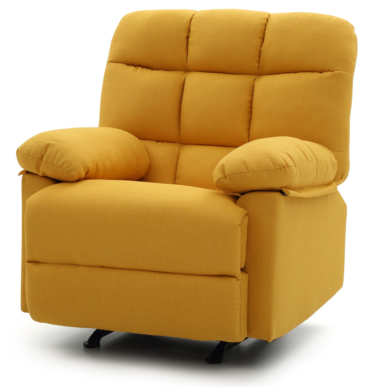 Plush mustard yellow fabric recliner chair with tufted back and padded armrests