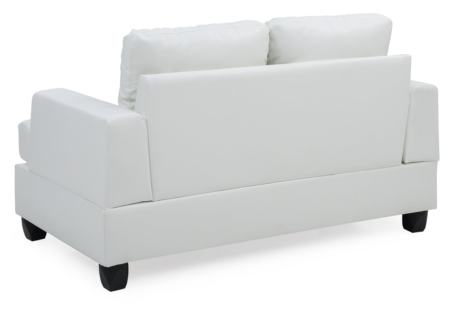 White faux leather loveseat with plush seat and back cushions modern design