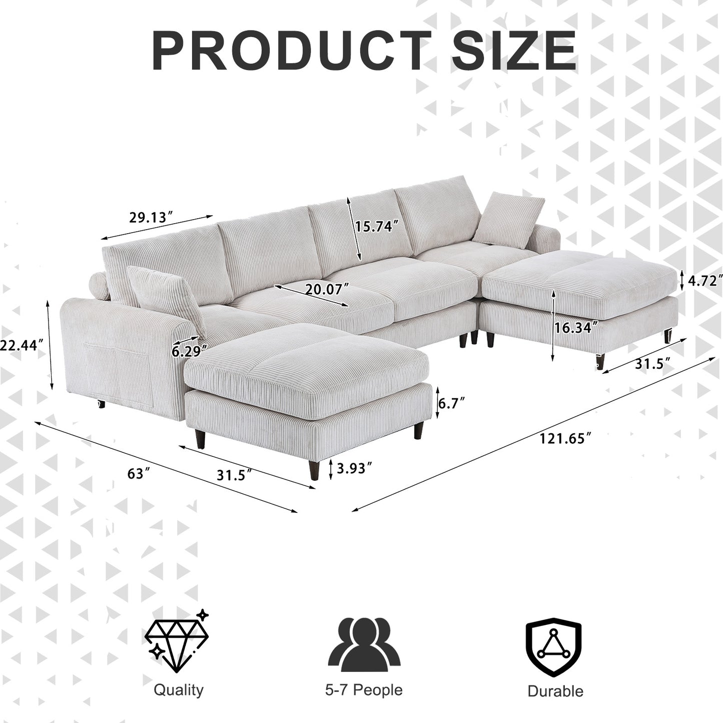 Sectional sofa in cream corduroy fabric Ushaped configuration with chaise dimensions displayed