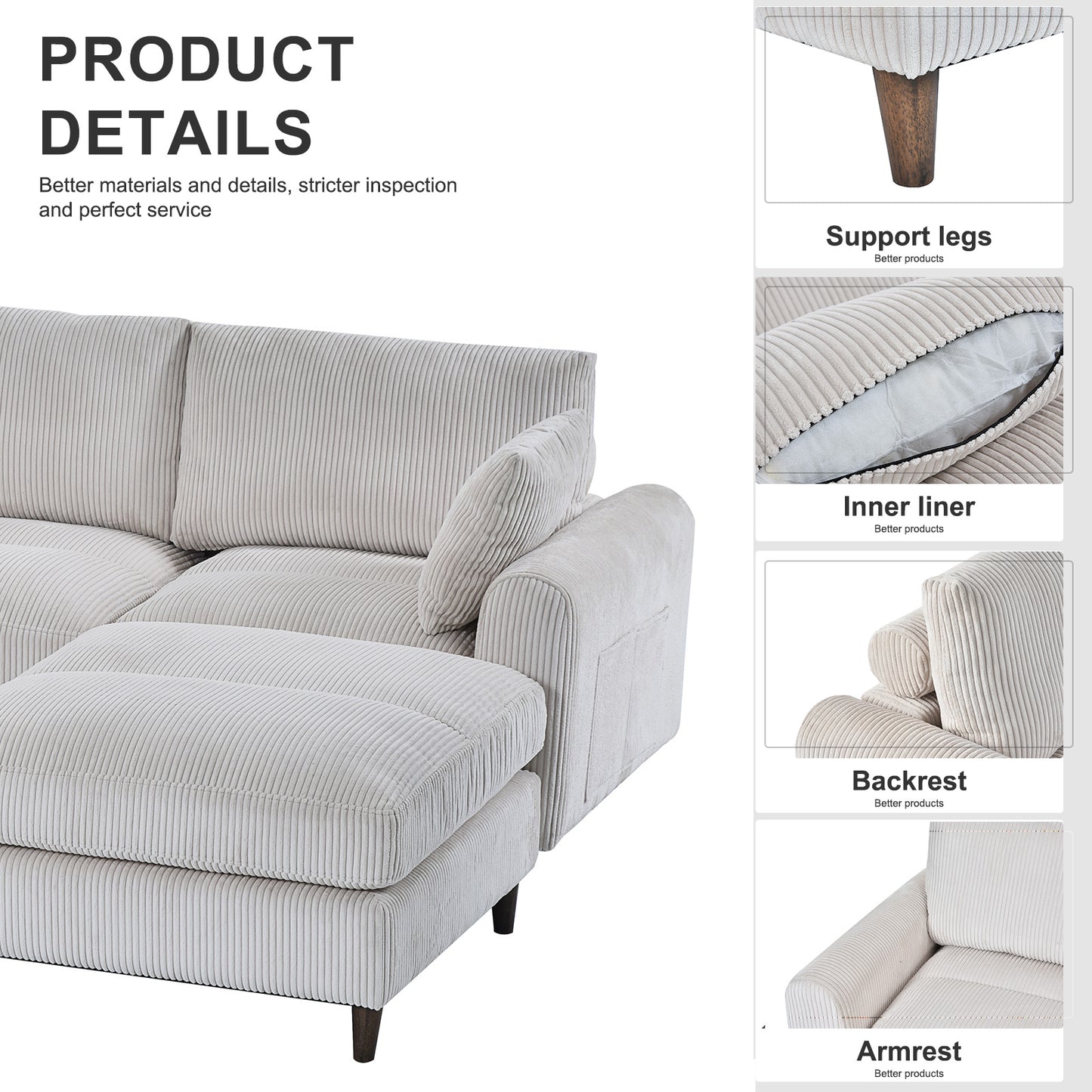 Sectional sofa with plush corduroy upholstery in a light beige color and comfortable chaise lounge