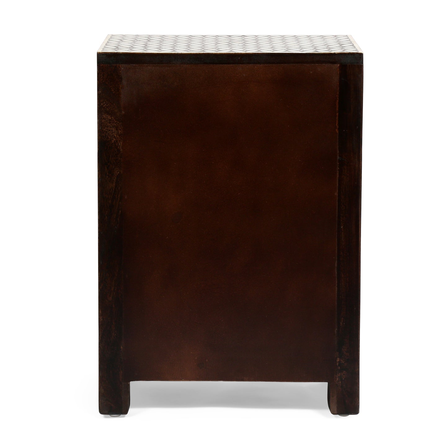 Dark wood side table with decorative geometric pattern on top