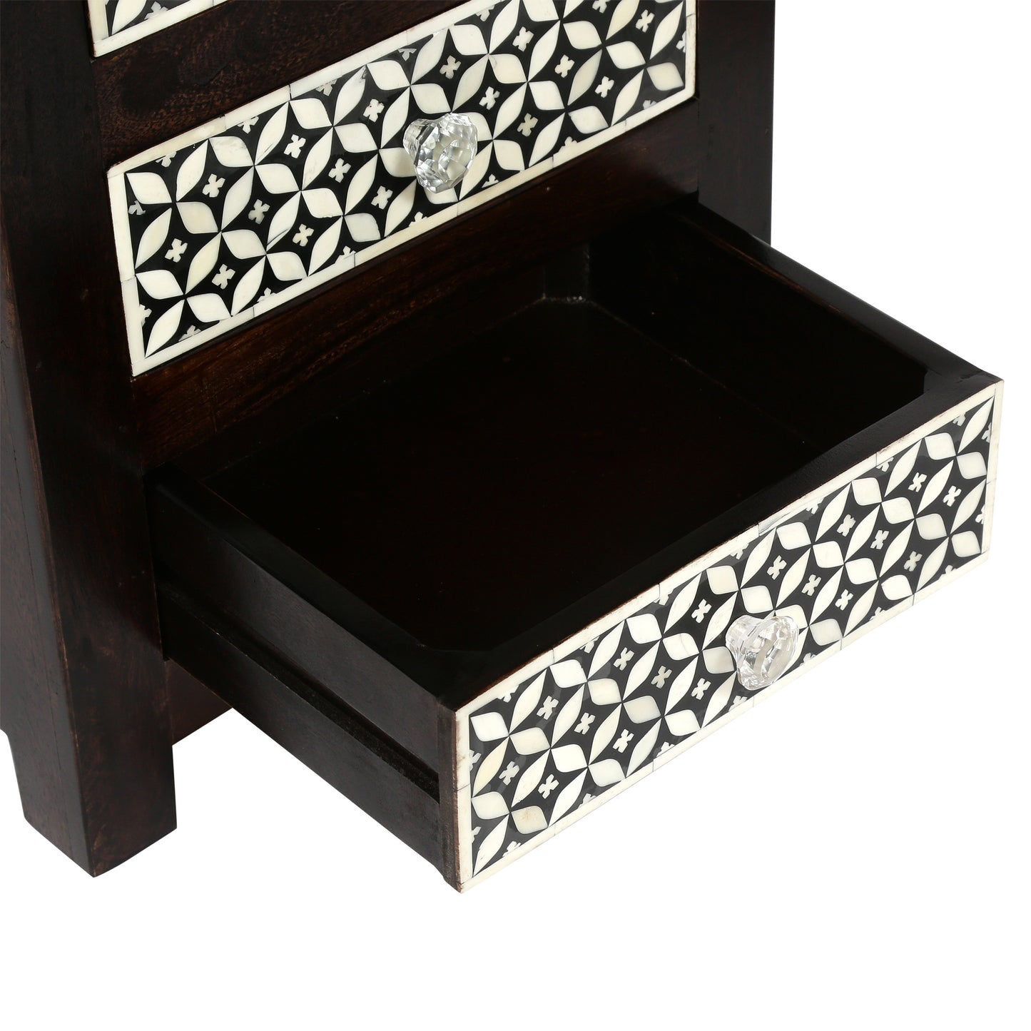 Dark wood bedside table with bone inlay drawer fronts