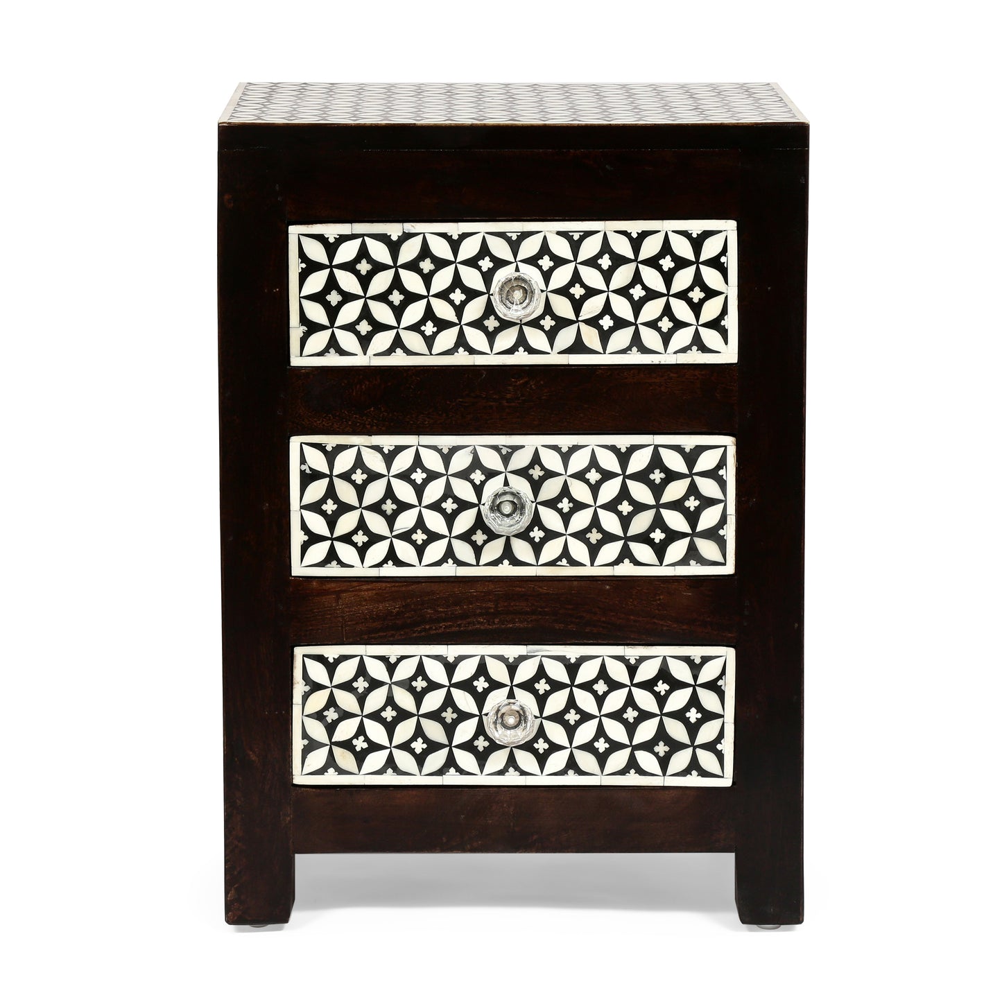 Dark wood bedside table with three drawers featuring intricate bone inlay patterns in black and white
