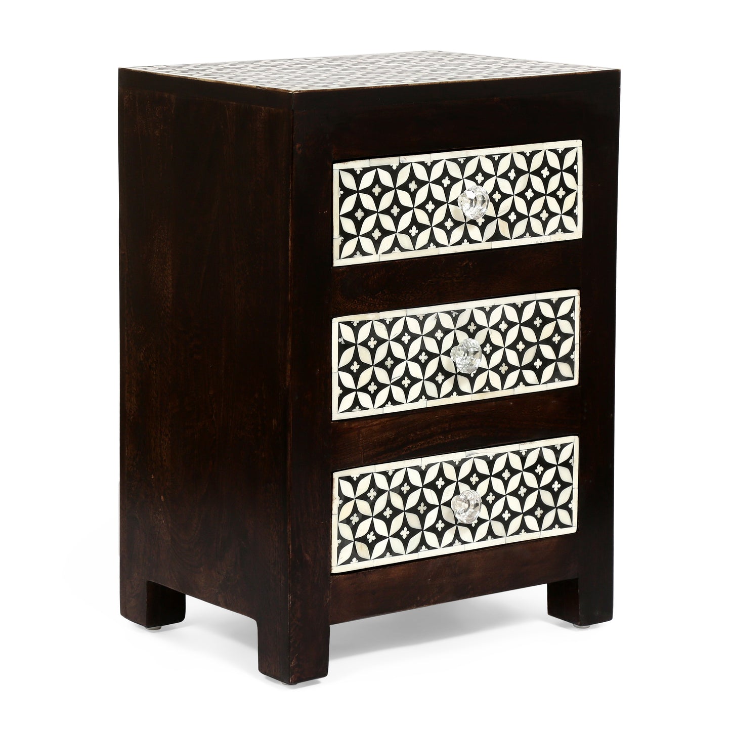 Dark wood threedrawer bedside table with intricate bone inlay geometric patterns and crystal knobs