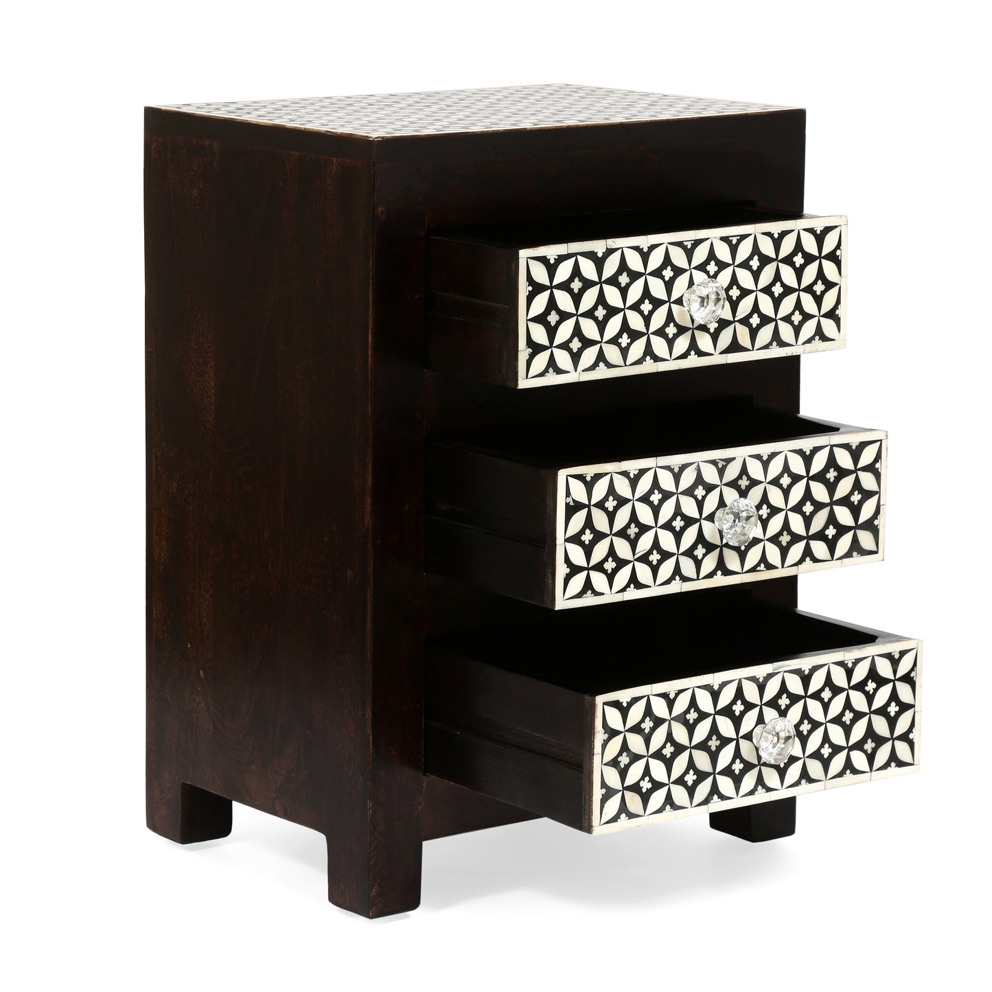 Dark wood threedrawer chest with ornate bone inlay fronts