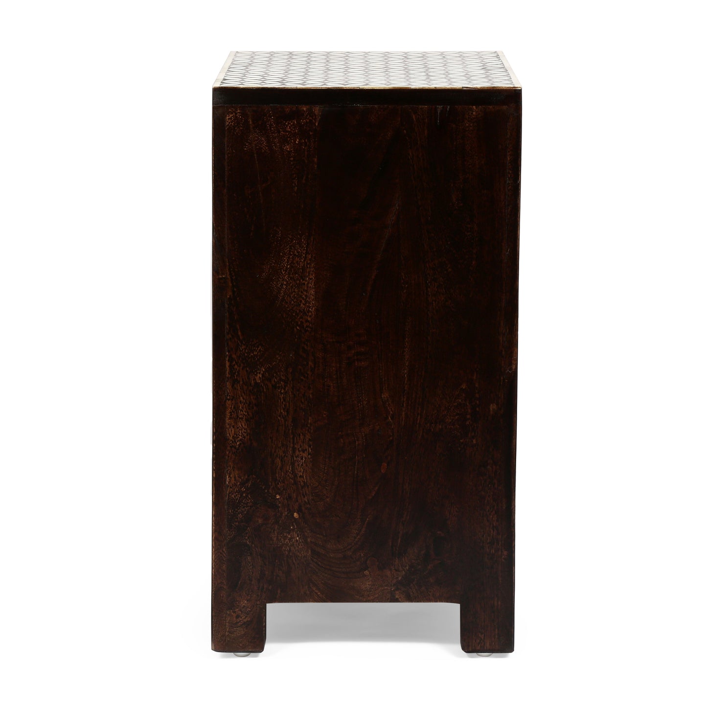 Dark wood side table with inlaid geometric top