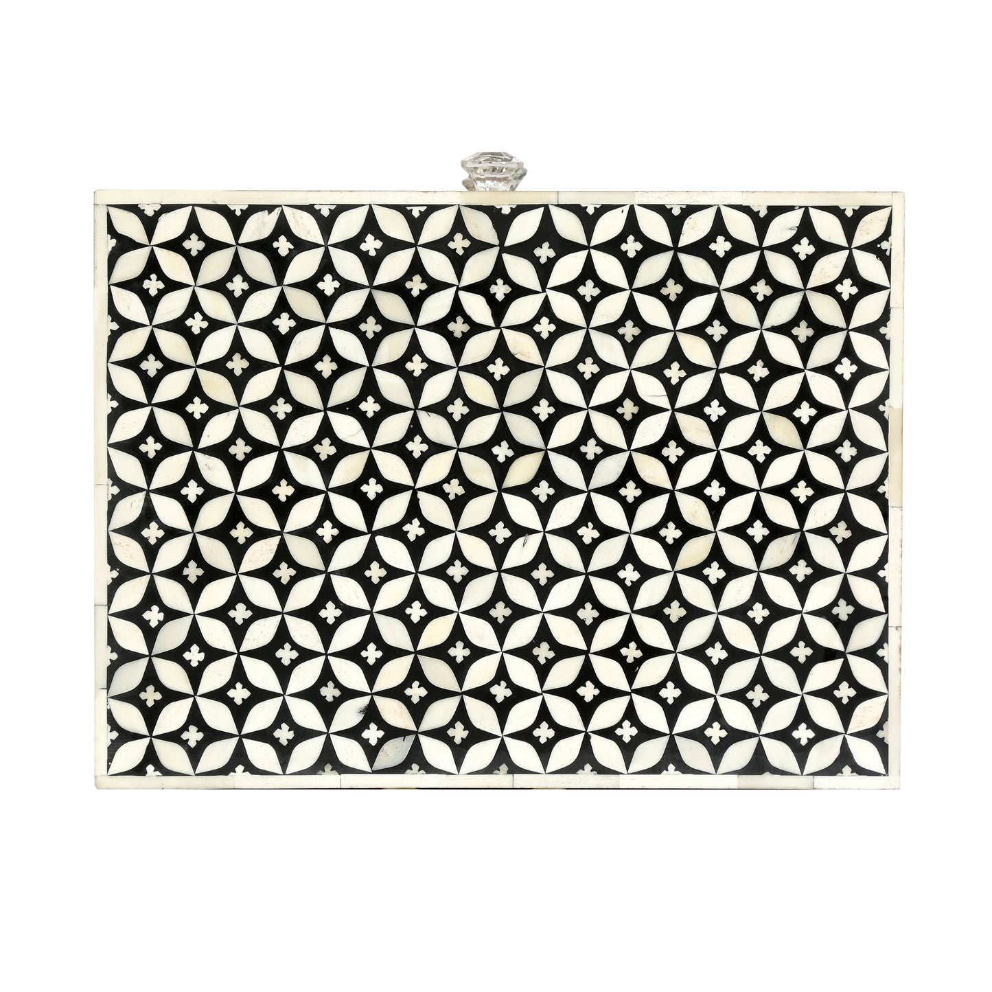 Black and white patterned bone inlay clutch with crystal clasp