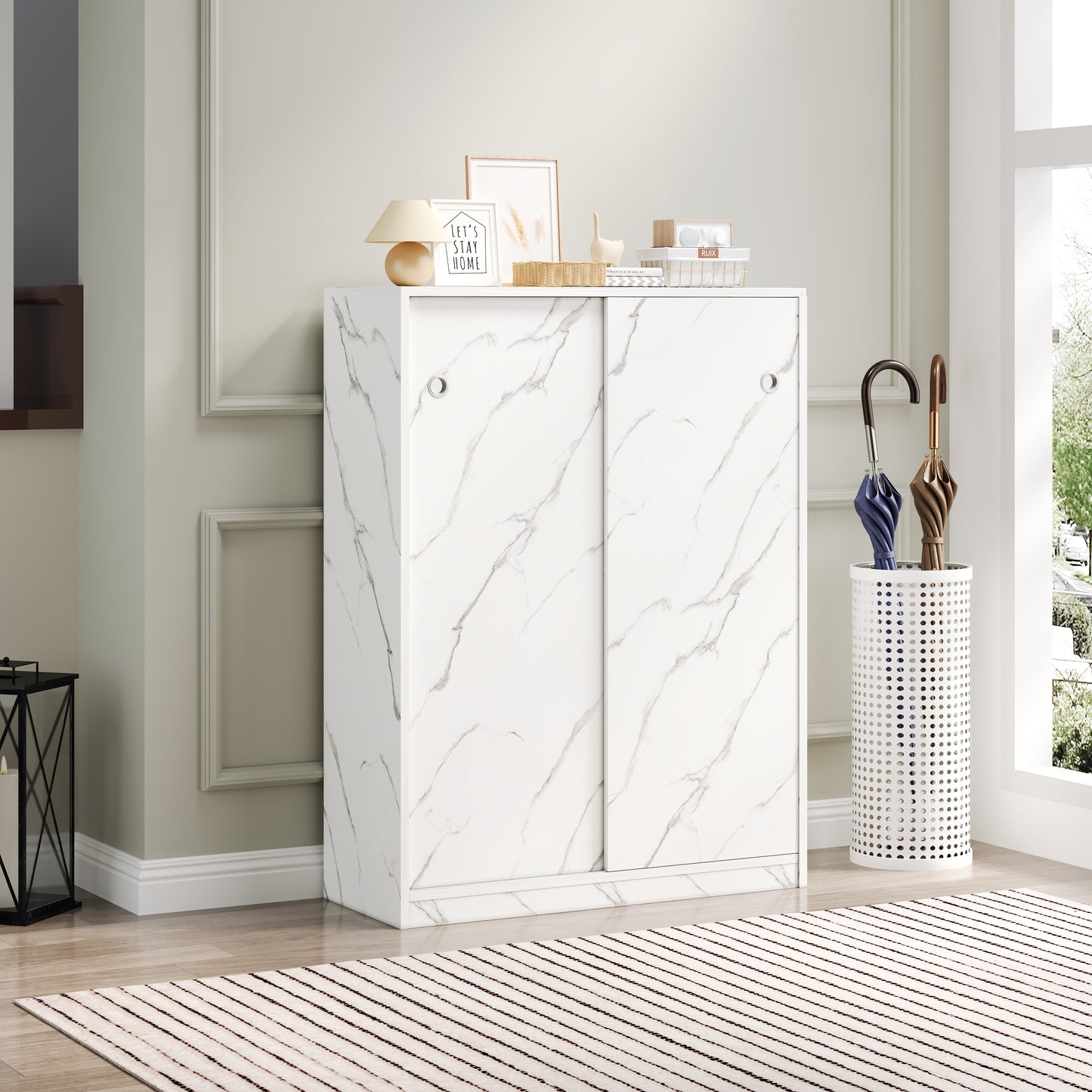 Modern white sliding door wardrobe with realistic marble effect finish