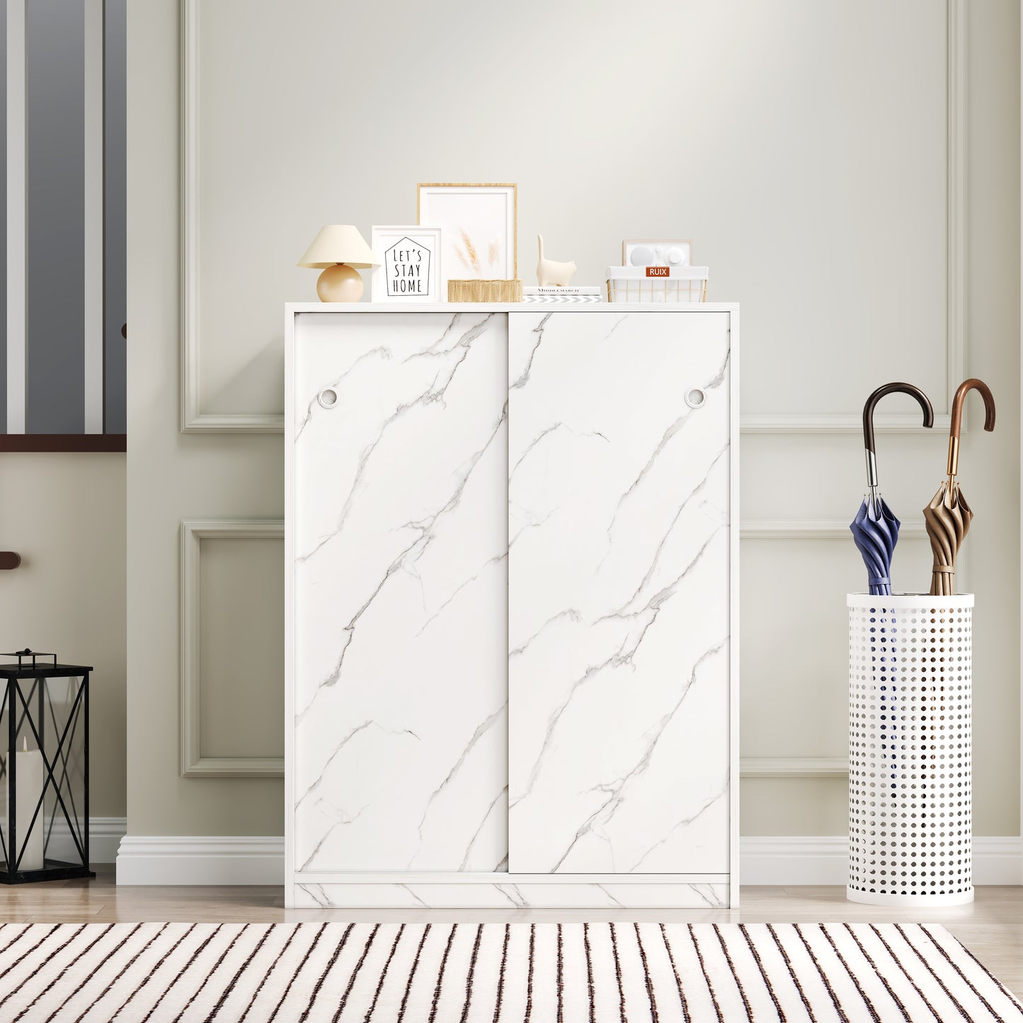 White marble effect shoe cabinet with sliding doors inches wide
