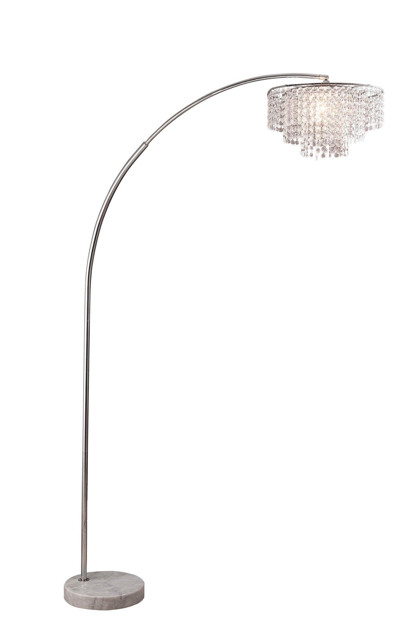 Modern arc floor lamp with chrome finish and crystal chandelier shade