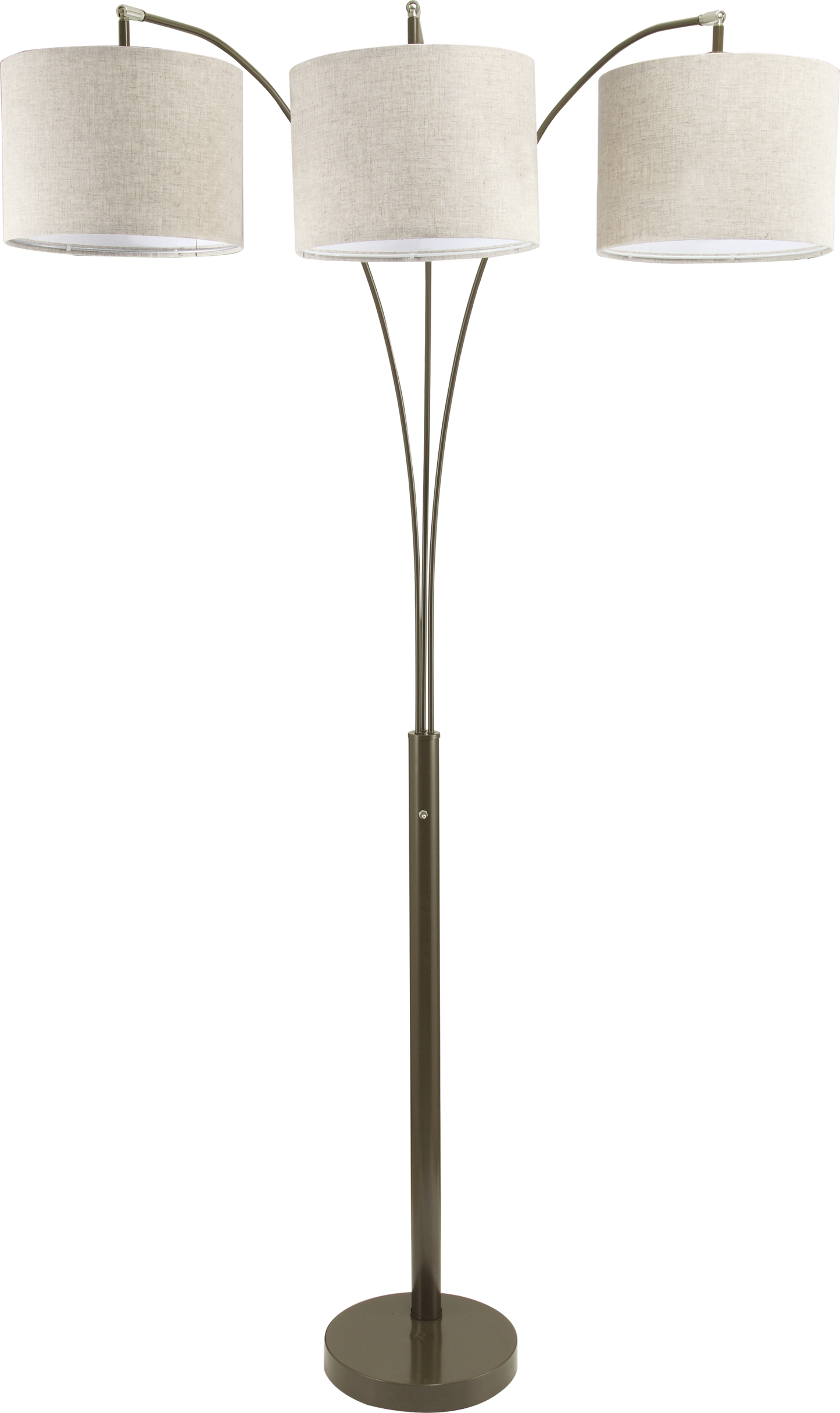 Threelight arc floor lamp with beige linen shades and a brushed nickel finish