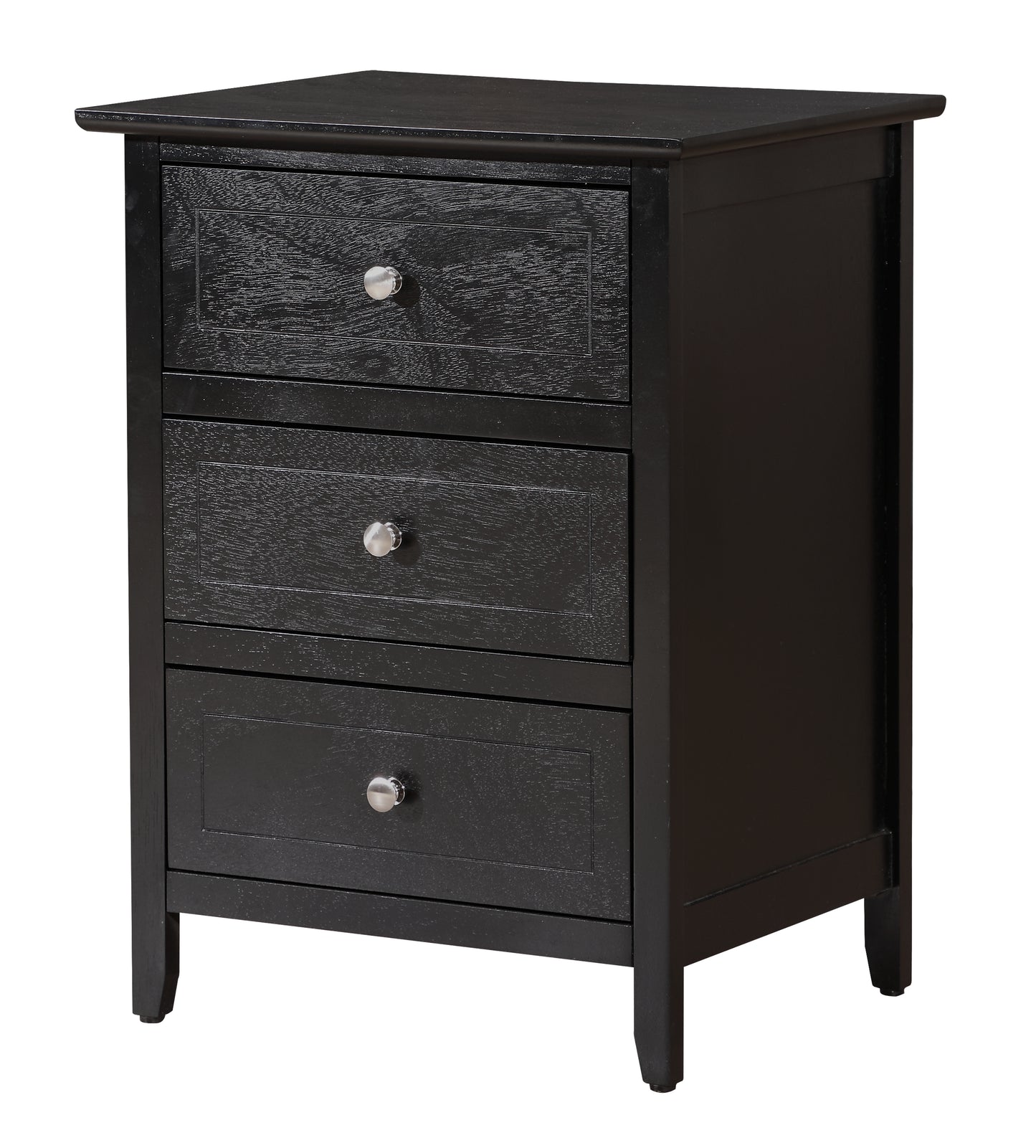 Black wooden nightstand with three drawers and brushed nickel knobs
