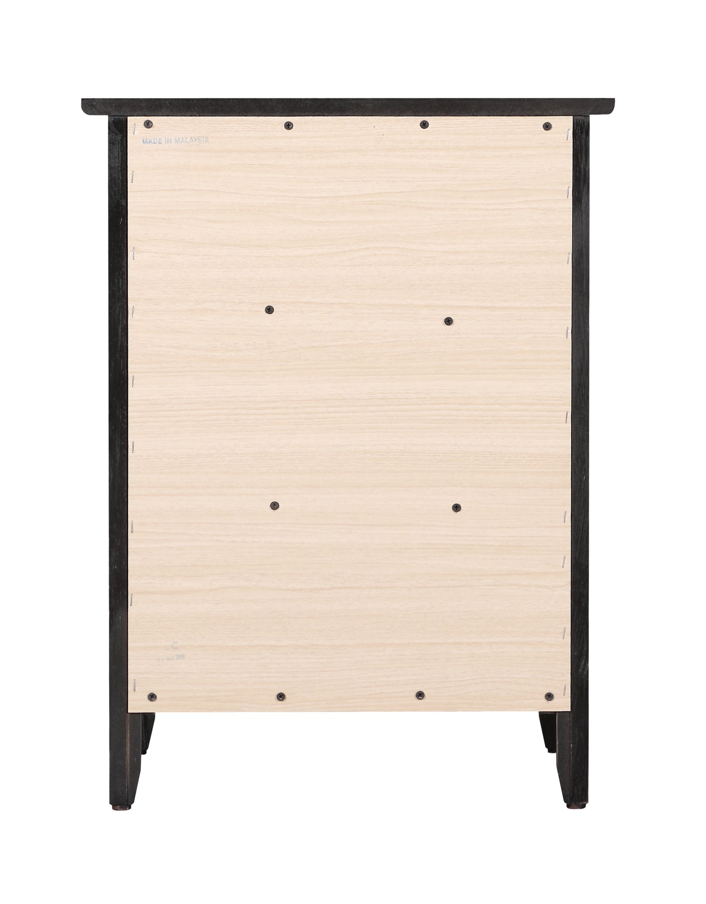 Black framed chest of drawers back view showing light wood paneling and Made in Malaysia stamp