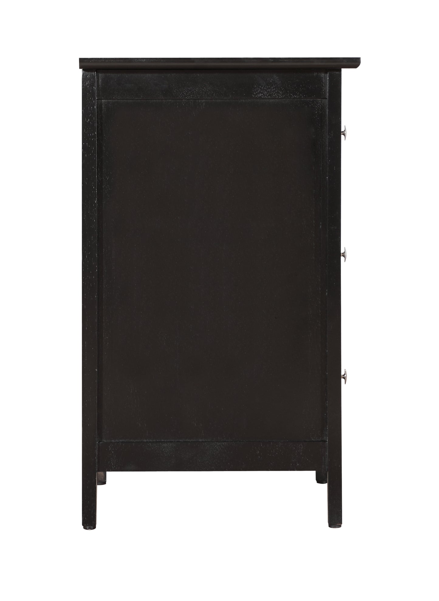 Dark brown wooden dresser with three visible drawers and silver knobs classic design for bedroom storage