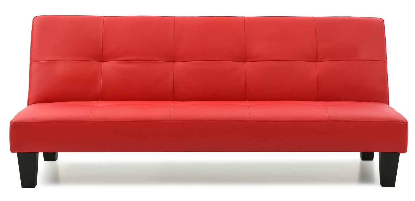 Bright red faux leather sofa with tufted back cushions on black legs