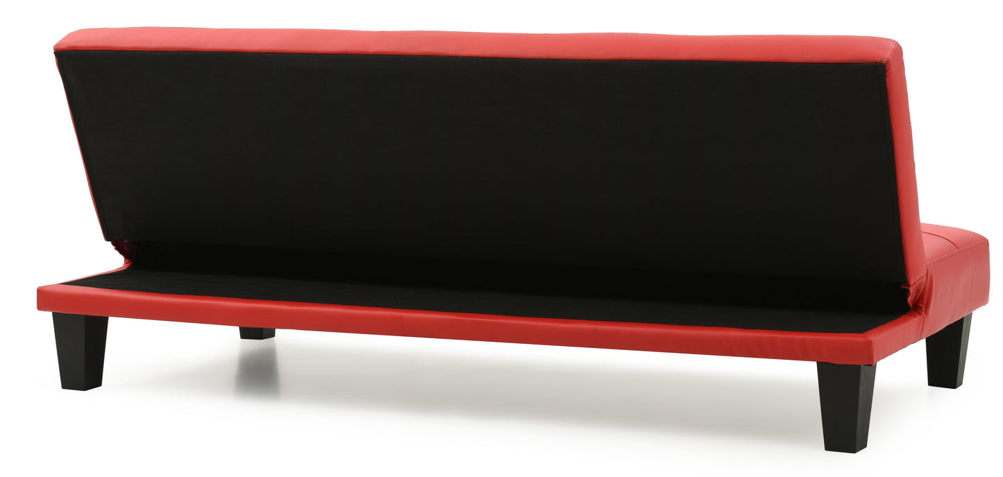 Red faux leather futon couch with black fabric backing and dark wood legs