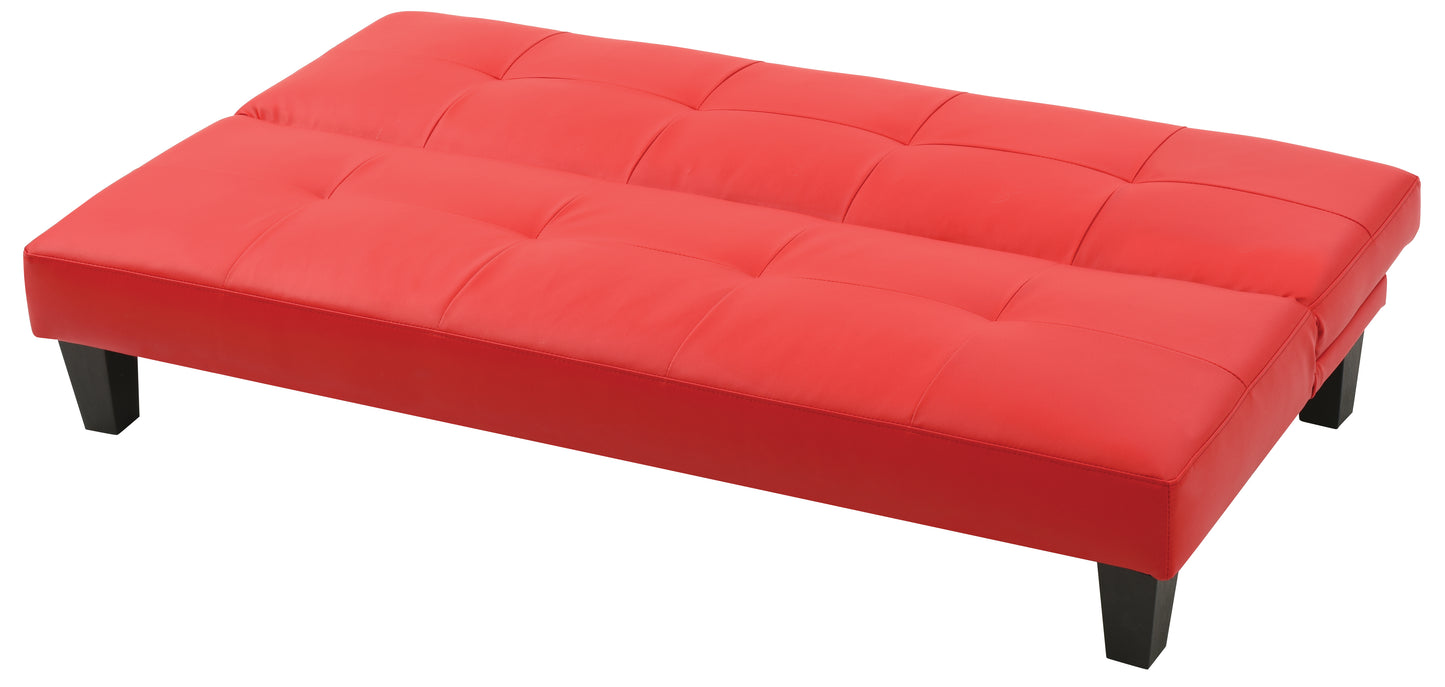 Red faux leather futon sofa with tufted cushions and black wooden legs