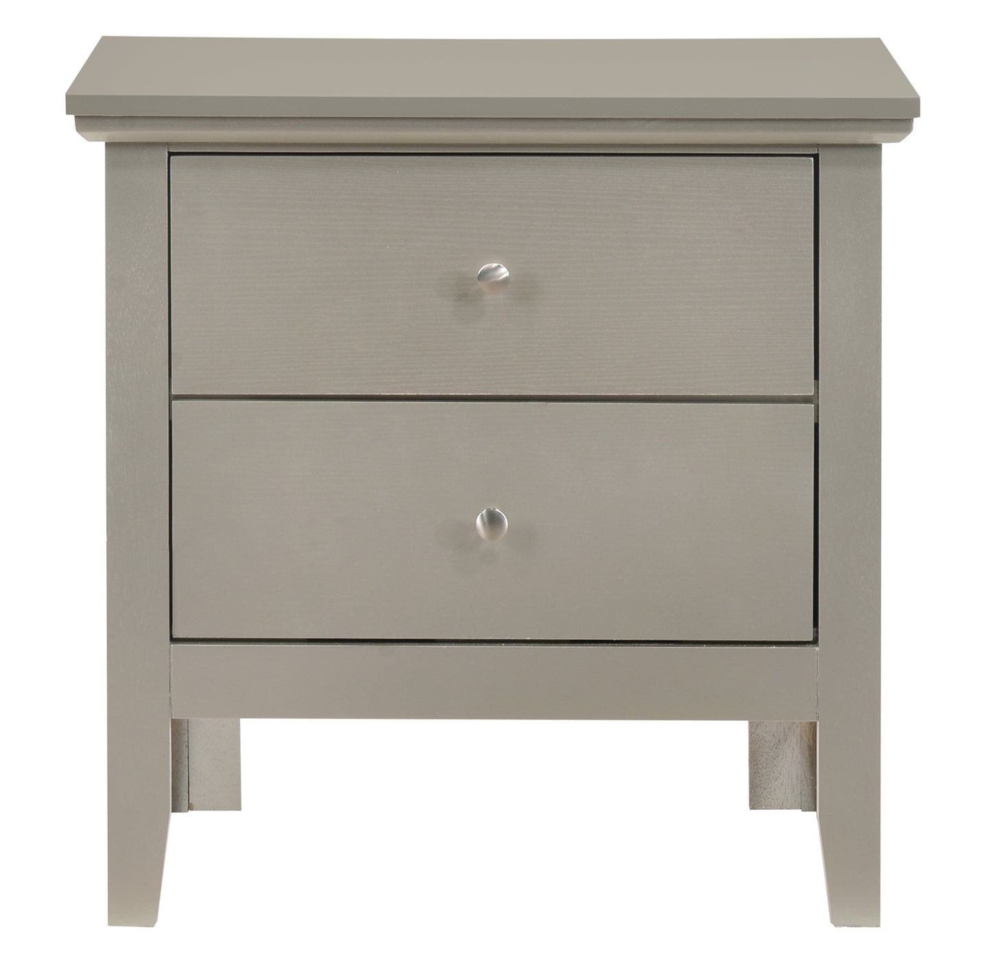 Modern grey twodrawer nightstand with brushed nickel knobs and clean lines