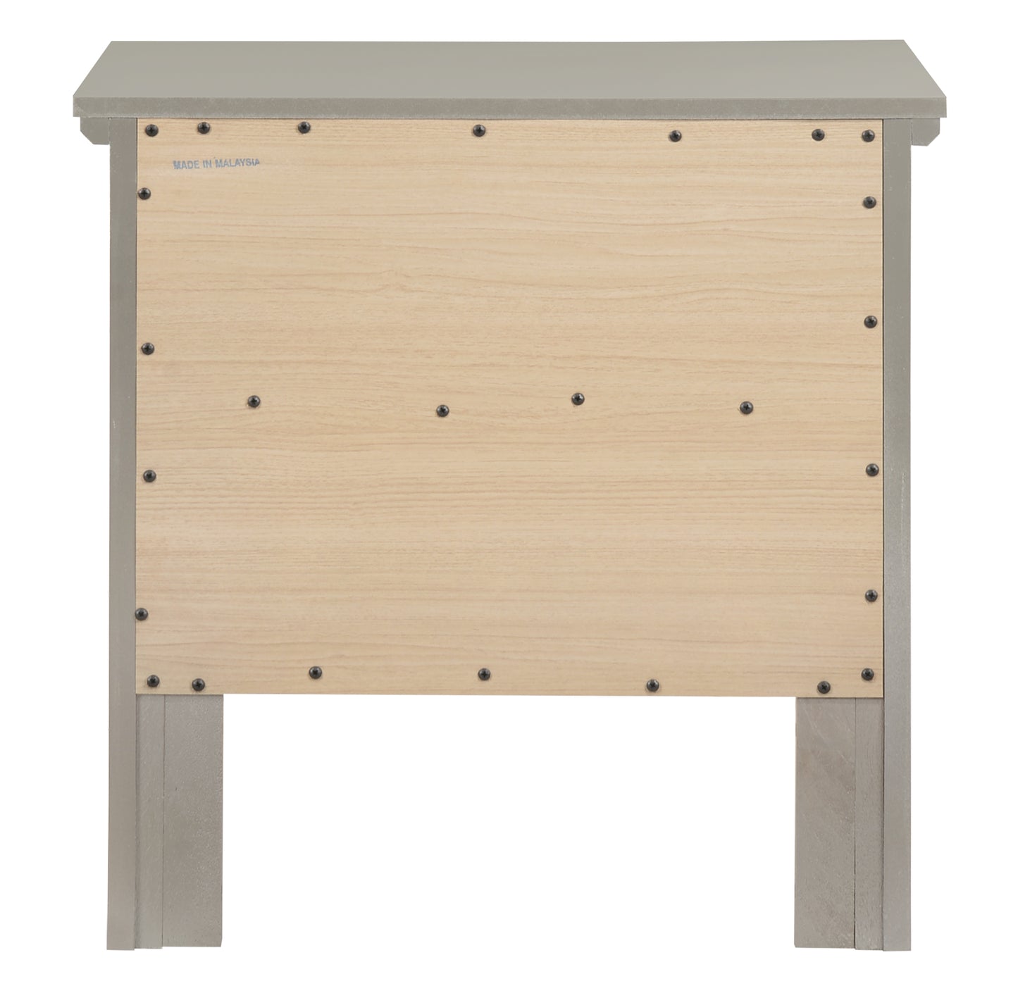 Back of gray composite nightstand with light wood panel and visible screw fasteners