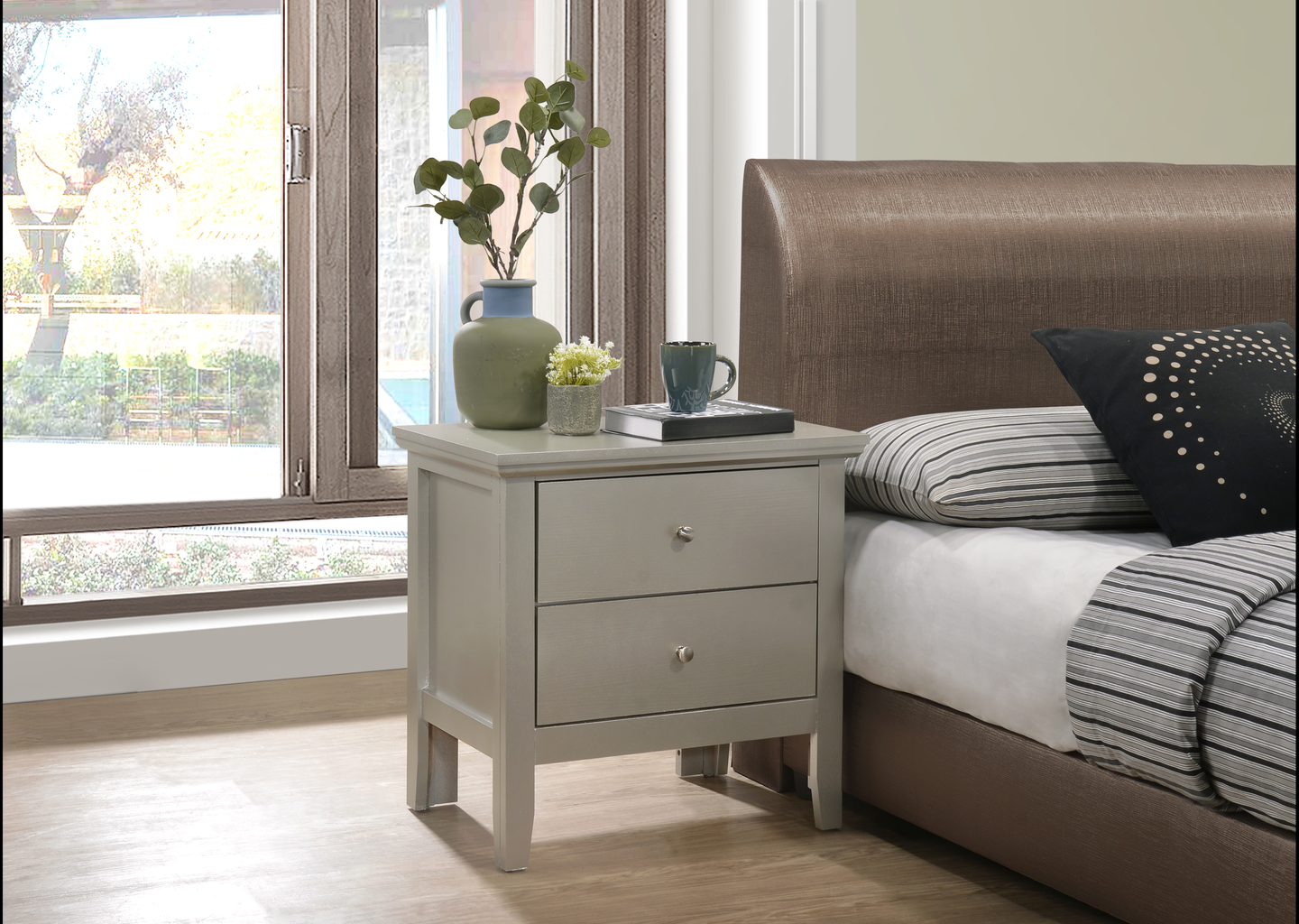 Gray twodrawer nightstand with silver knobs perfect for bedside storage