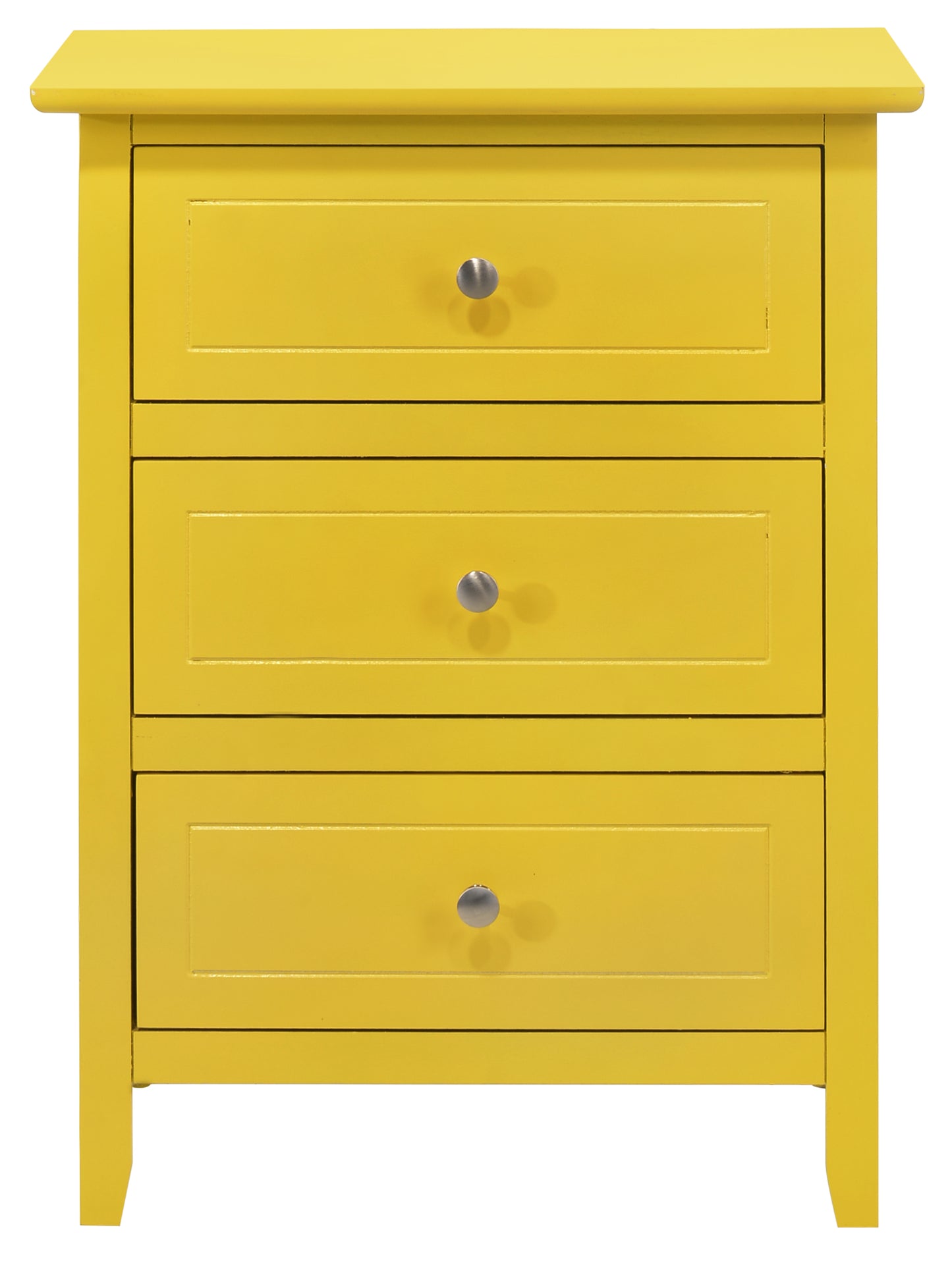 Bright yellow bedside table with three drawers and silver knobs