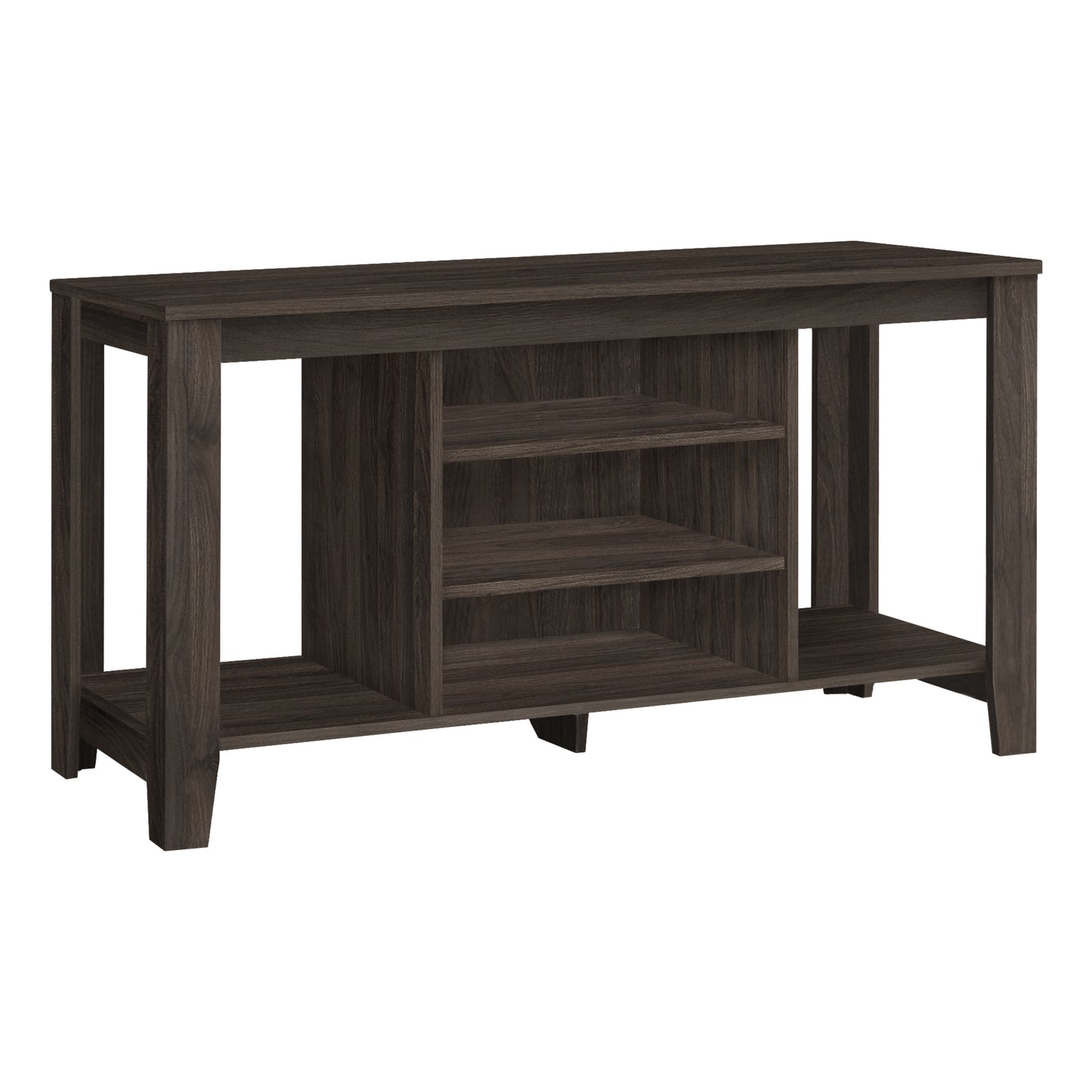 Dark gray wood console table with open shelving and a modern design