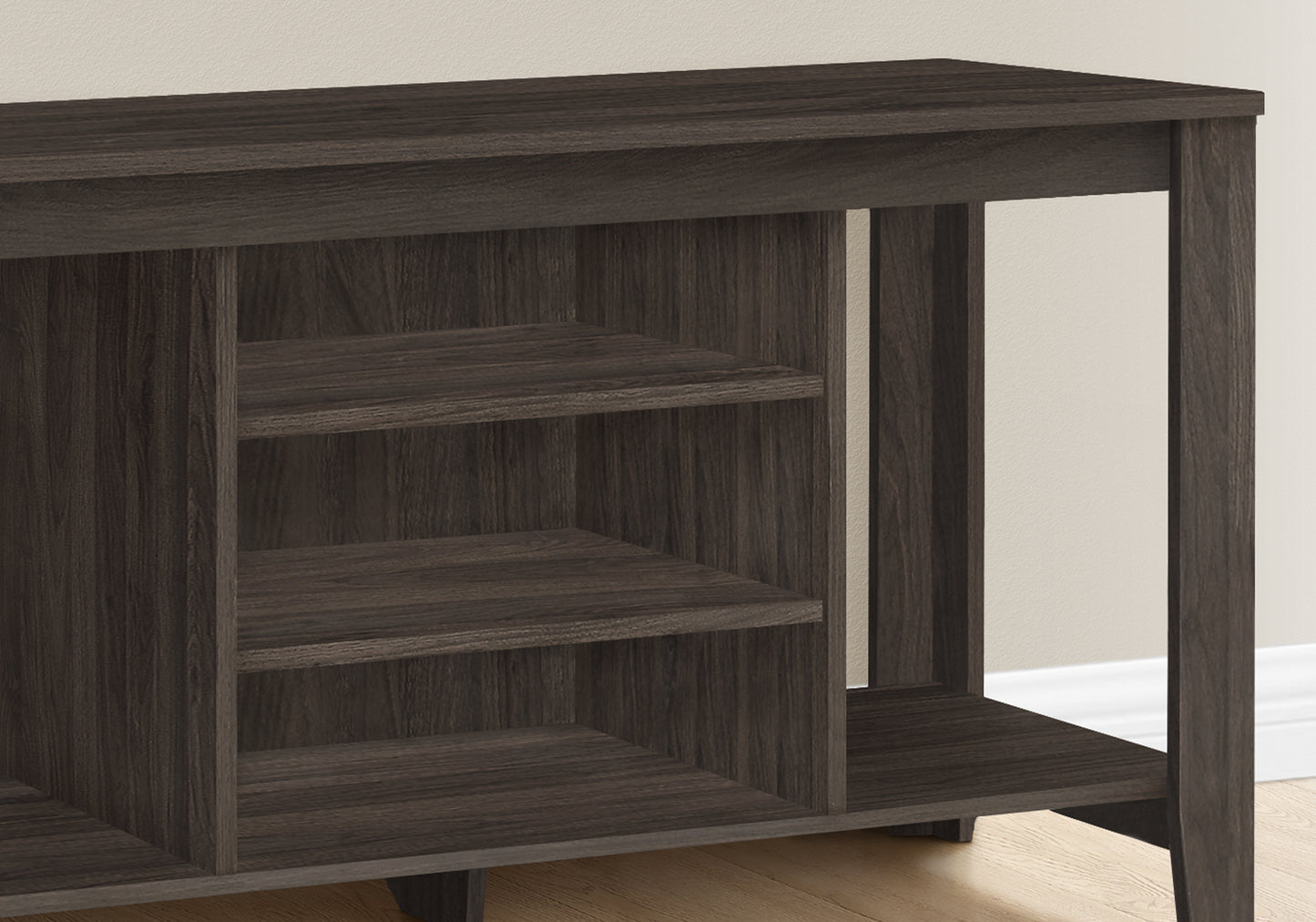 Dark brown wood media console with open shelving and a thick top shelf