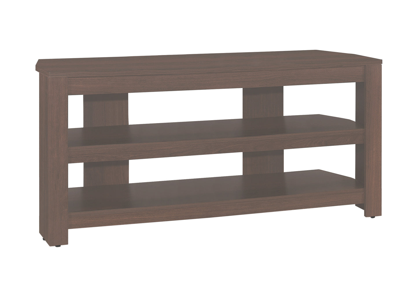 Dark wood media console with open shelves for electronics