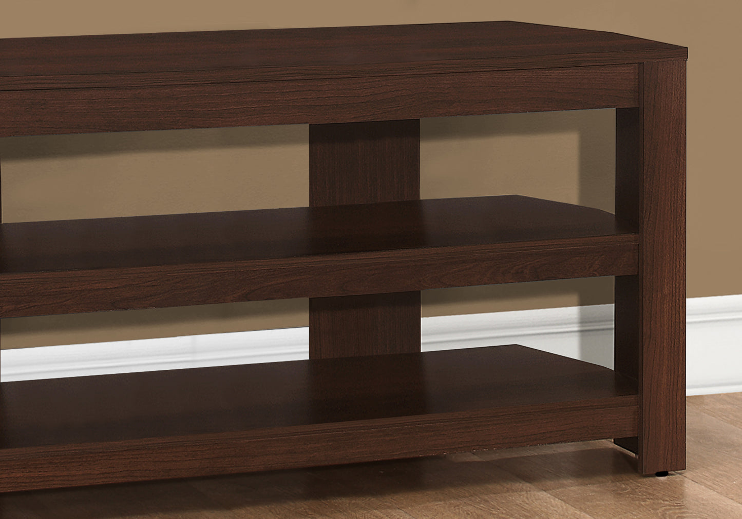 Dark espresso corner TV stand with three open shelves a modern design