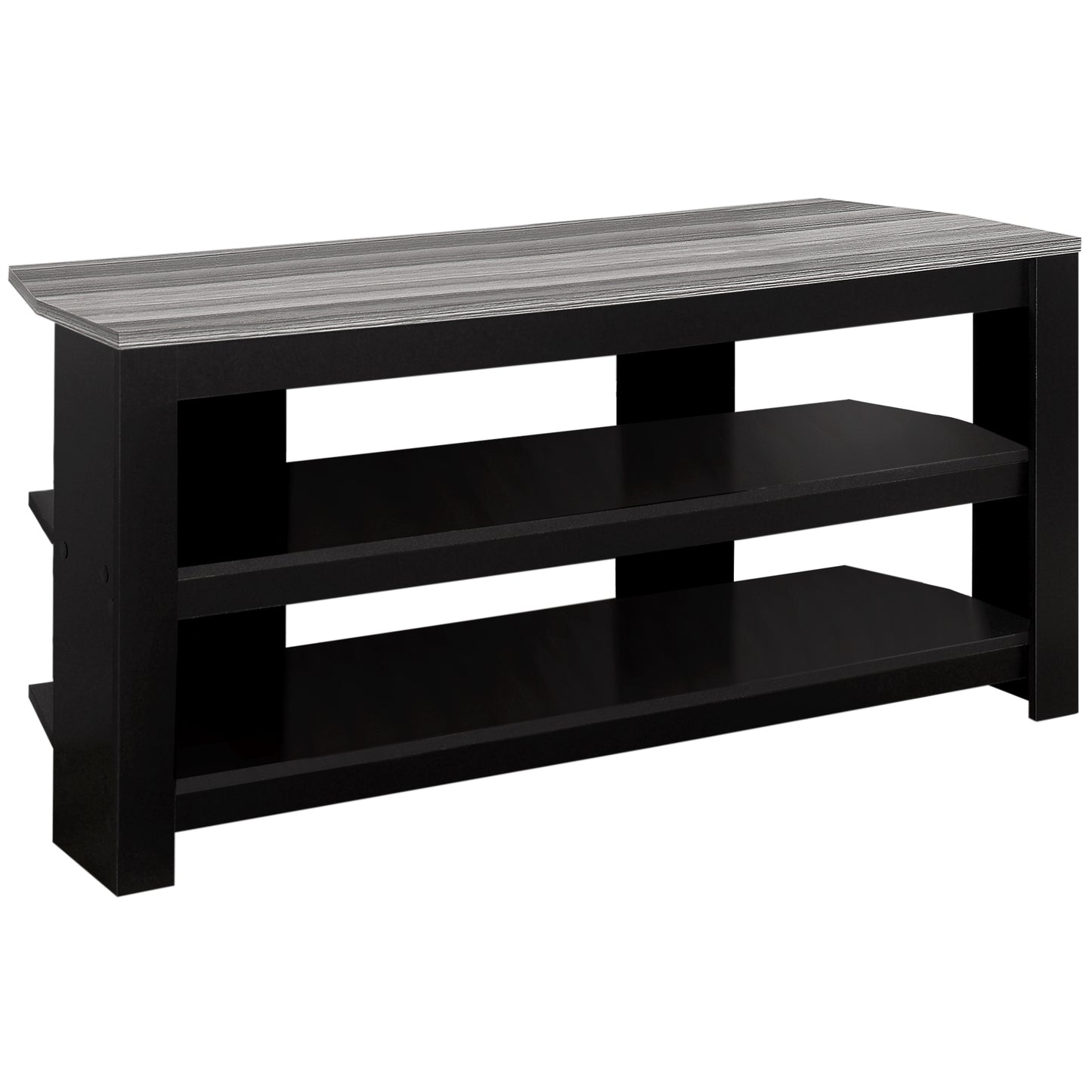 Black media console with gray wood grain top and three open shelves