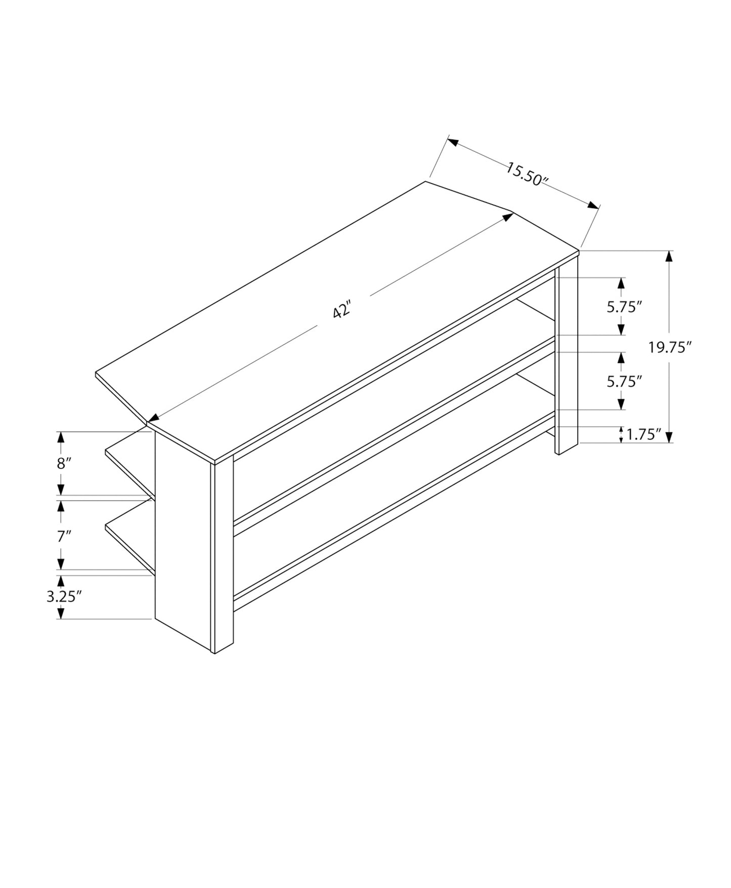 Technical drawing of a inch wide media console with three open shelves and measurement callouts