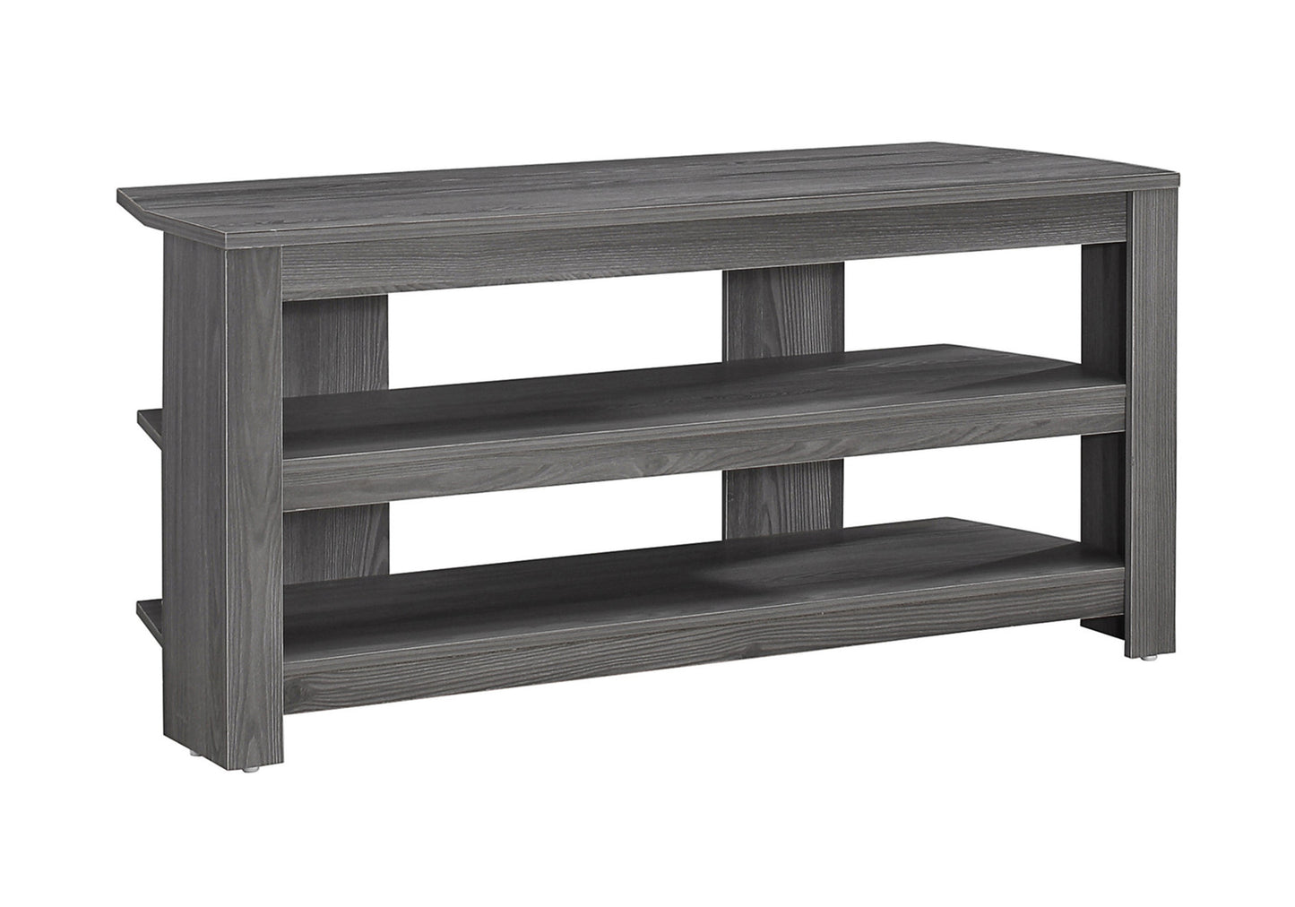 Gray wood media console with two open shelves and modern design