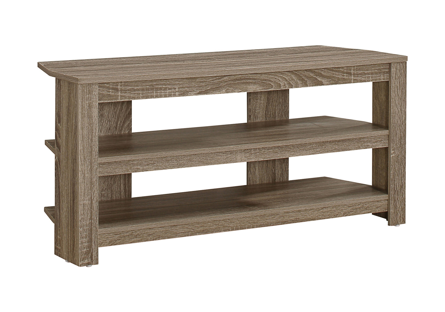 Rustic wood entryway bench with two shelves for shoe storage