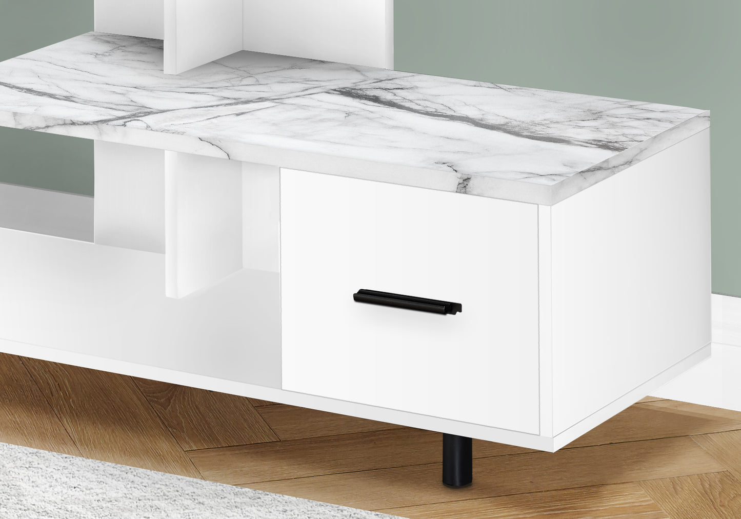 White media console with marble top and black drawer pull