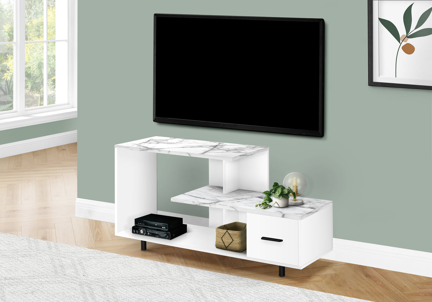 Modern white entertainment center with marblelook shelves for media consoles